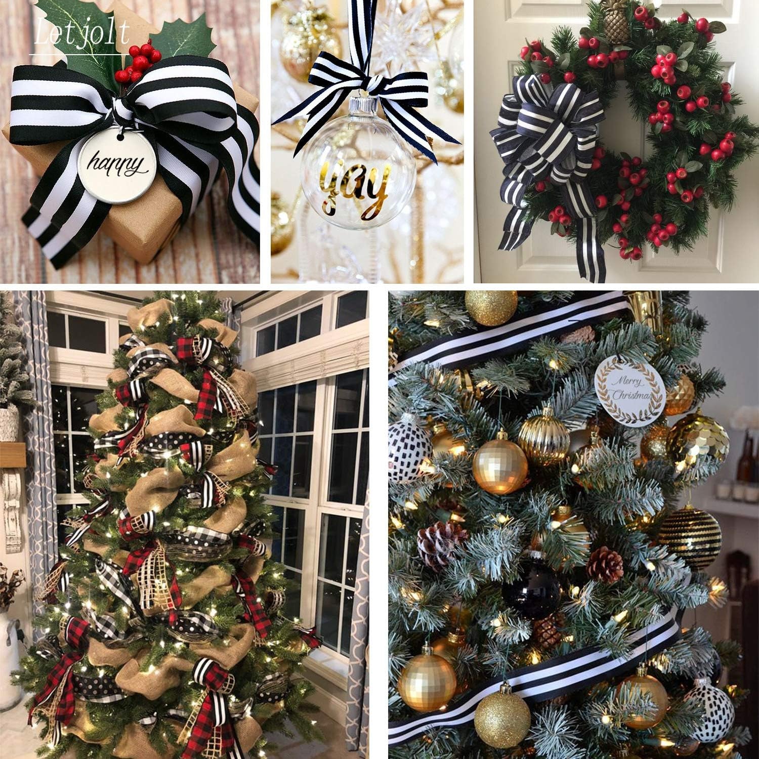 Black and White Taffy Striped Fabric Grosgrain Ribbon 1-1/2 Inch Wide 25 Yards Black Striped Ribbon for Bouquet Favor Christmas Thanksgiving Gifts Wraps Craft Trim Embellishments Supplies Decoration