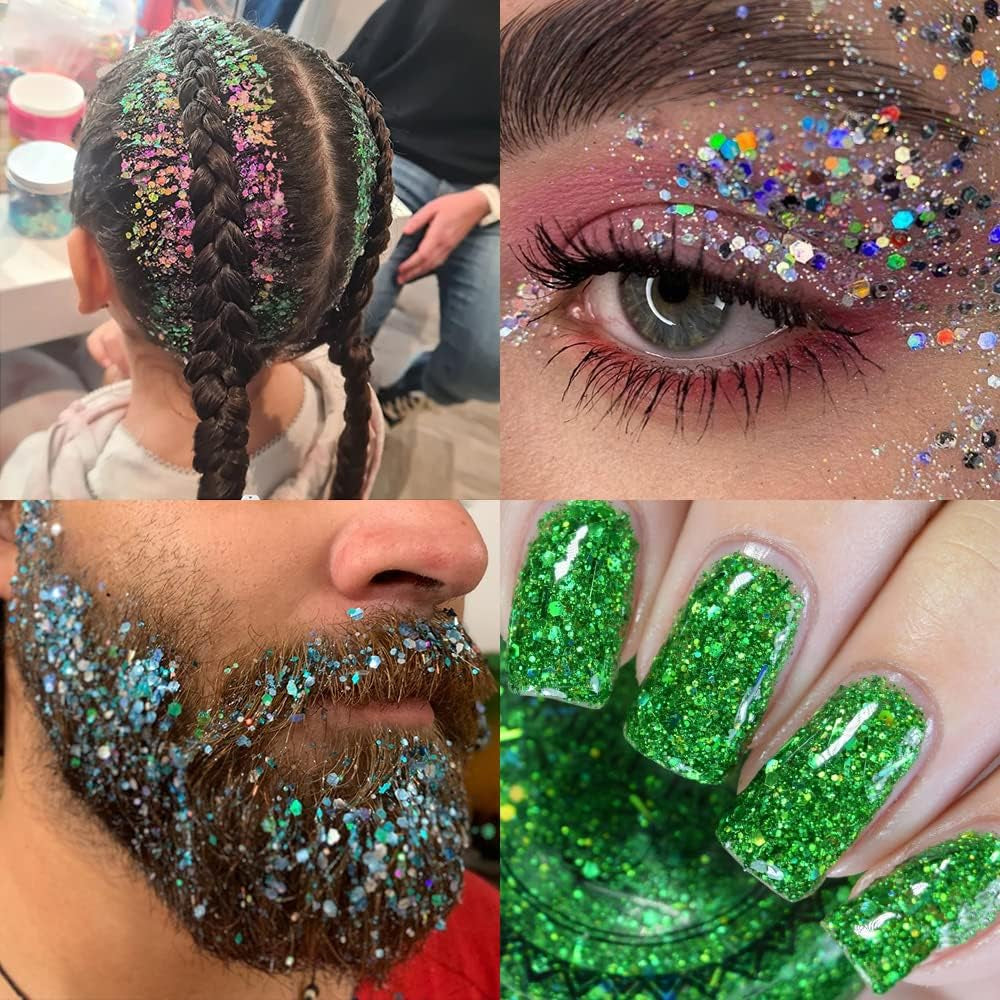 Holographic Chunky and Fine Glitter Mix, 36 Colors Chunky Sequins & Glitter Powder Mix, Iridescent Cosmetic Glitter Flakes for Nail Art Face Body Eye Makeup, Craft Glitter for Epoxy Resin Tumblers