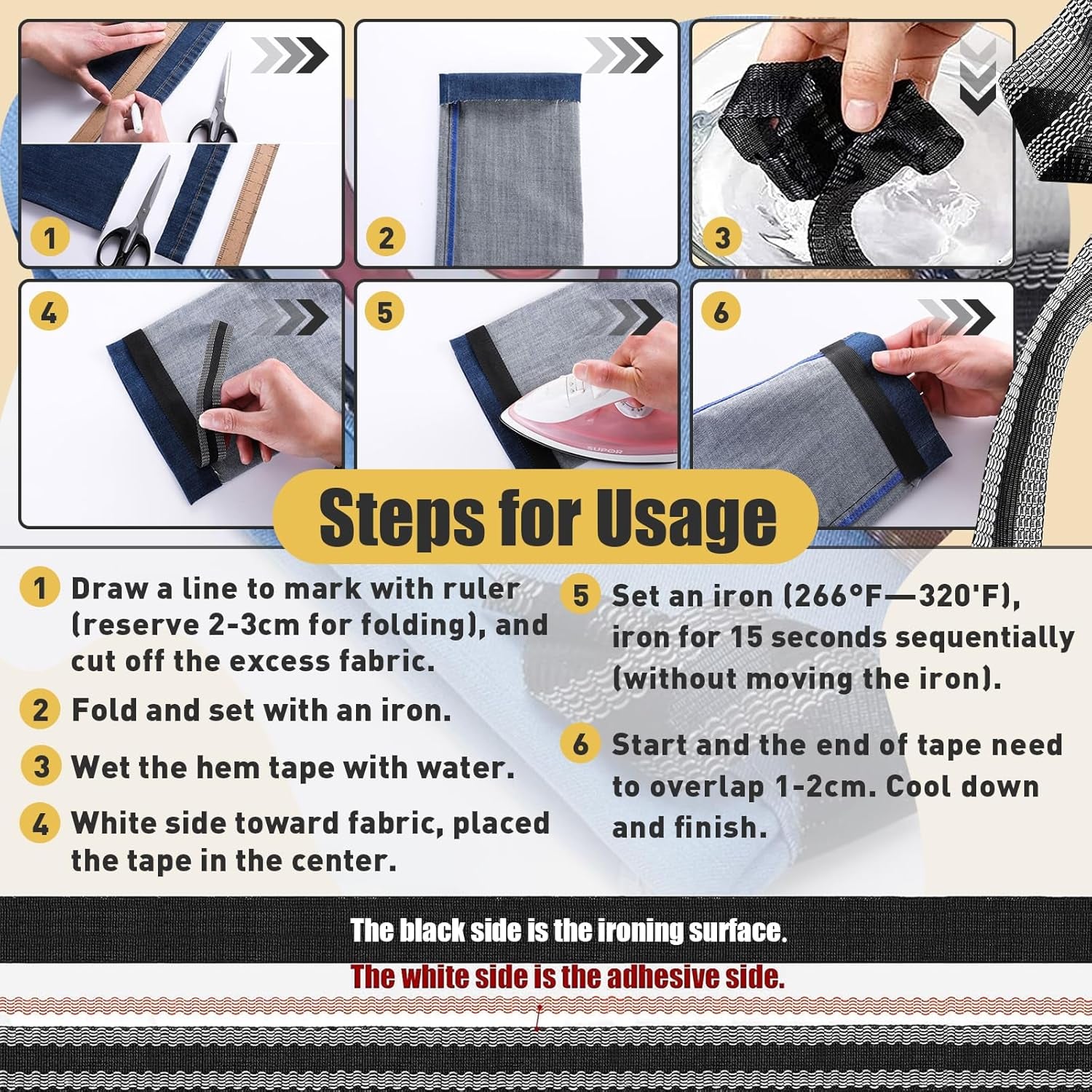 Hem Tape for Pants 2M (0.94Inch X 2.2Yds) Iron-On Instant Hem Tape, Permanent No Sew Hemming Tape, Washable Hem Adhesive Tape, Black Iron on Pants Shortening Tape, Hem Fabric Tape