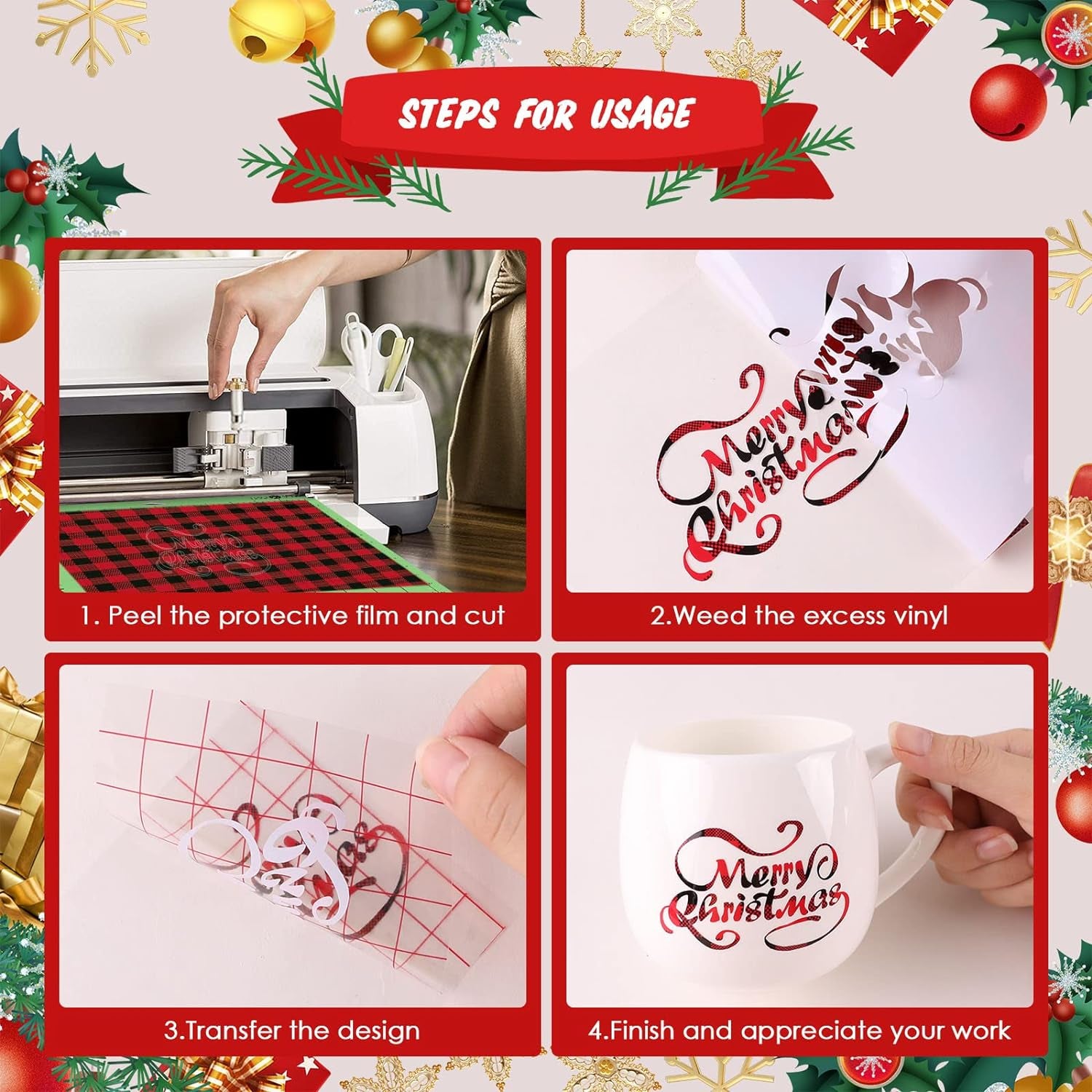 Buffalo Plaid Permanent Adhesive Vinyl-6 Sheets 12"X12" Buffalo Plaid Vinyl &amp; 2 Sheets Transfer Tape, Permanent Vinyl for Cricut Machine, Pattern Vinyl for Christmas
