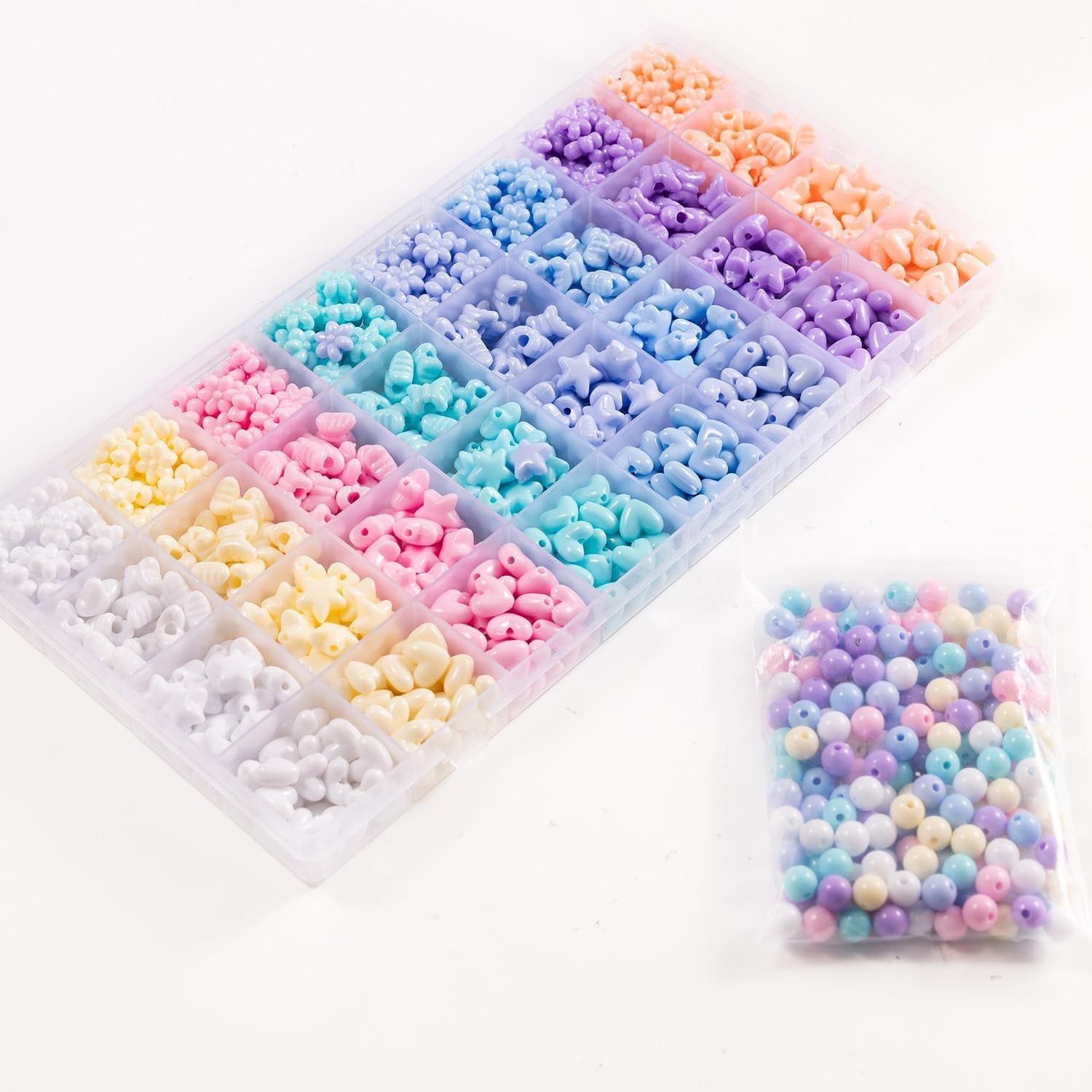 840Pcs Star Heart Kandi Acrylic Beads Candy Color Cute Pastel Circle Loose Spacer Beads Assorted Colorful Shape Bow Beads Bulk for Friendship Bracelets and Jewelry Making Kit (1000)