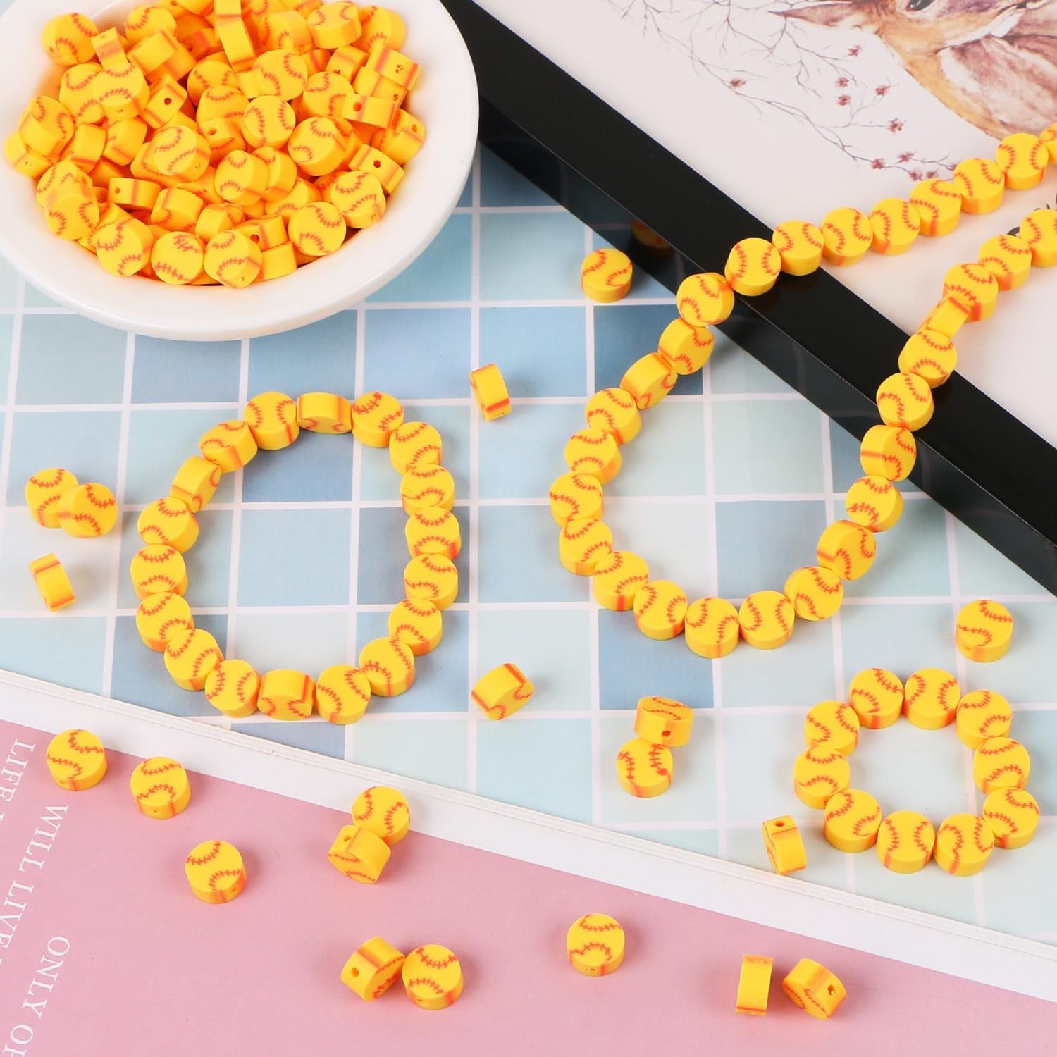 100 Pcs Baseball Beads for Jewelry Making, Sports Polymer Clay Beads Bulk with Box, 10Mm Baseball Softball Beads Charms,Sports Ball Spacer Beads for DIY Crafts Bracelet Yellow