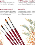 Velvetouch, Series 3950, Paint Brush for Acrylic, Oil and Watercolor, Set of 5 Spotter 5/0, Angle Shader ¼”, round 8, Filbert 8, round 2
