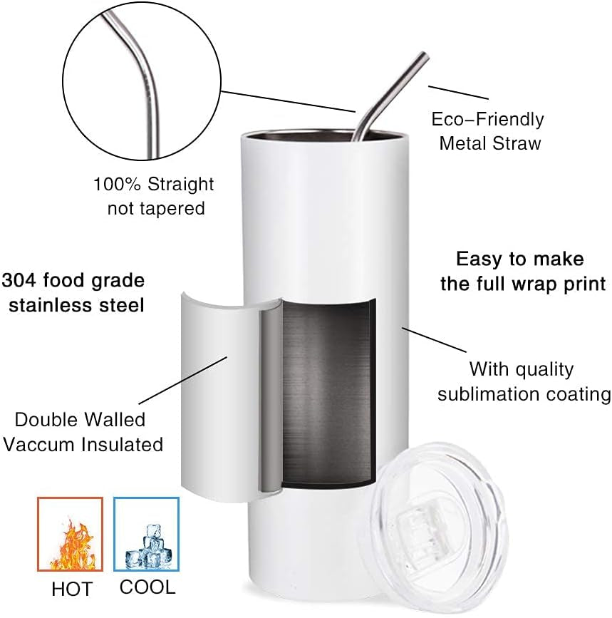 2 PCS Sublimation Blanks Skinny Tumbler White 20 OZ Straight Double Wall Stainless Steel Tumbler with Metal Straw Tumbler Cups for Tumbler Heat Press Machine Heat Transfer