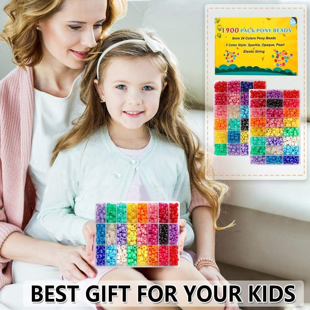 Pony Beads, 1,900 Pcs 9Mm Pony Beads Set in 24 Colors with Elastic String for Bracelet Jewelry Making by