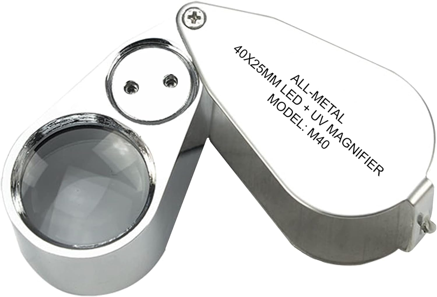 40X Jewelers Loupe with Light, UV Lighted Magnifying Glass Eye Loop, LED Illuminated Metal Pocket Magnifier for Jewelry, Currency, Plants, Coins, Diamonds, Stamps