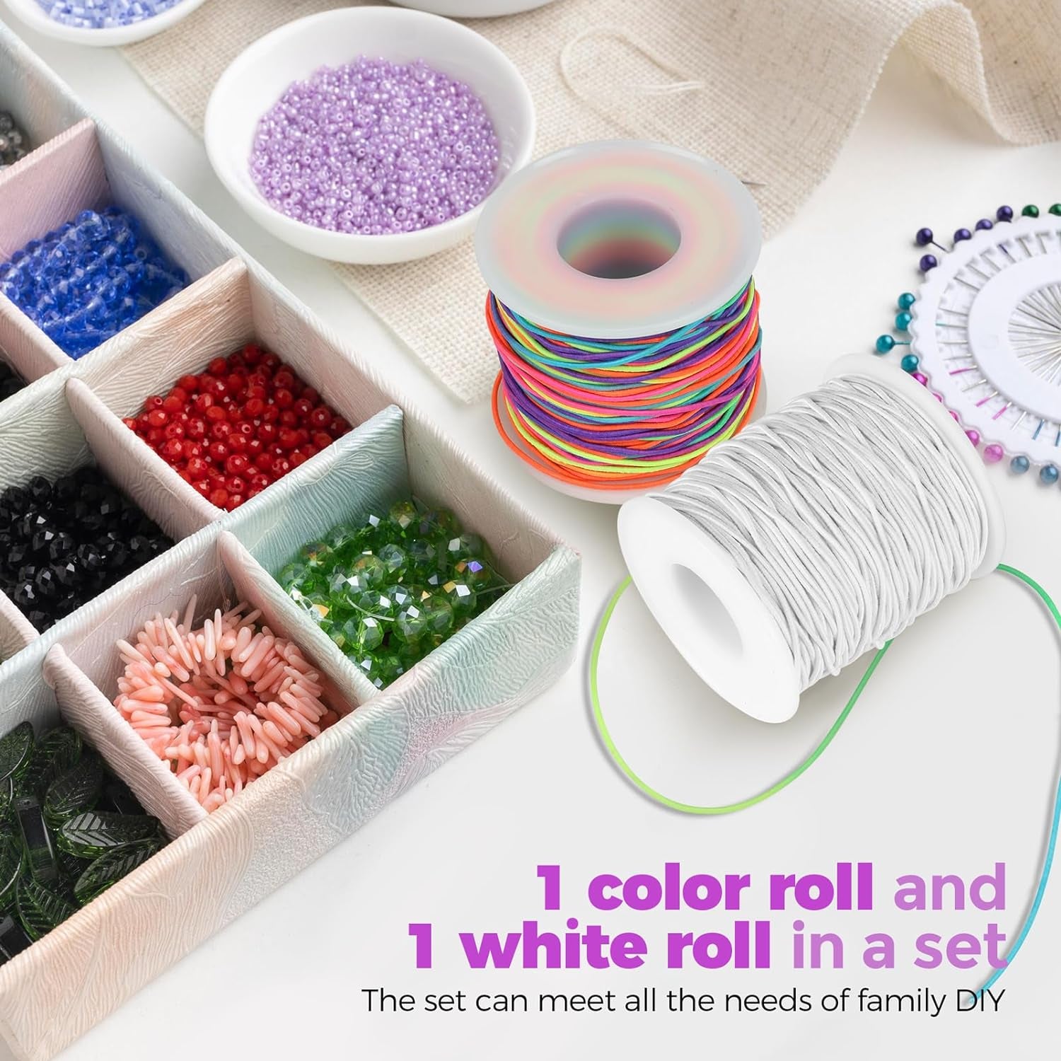 1Mm Rainbow Elastic String and 1Mm White Stretchy Bracelet String, Sturdy Elastic Cord Stretchy String for Bracelet Making, Jewelry Making, Beading(170 Ft Rainbow &amp; 170 Ft White)