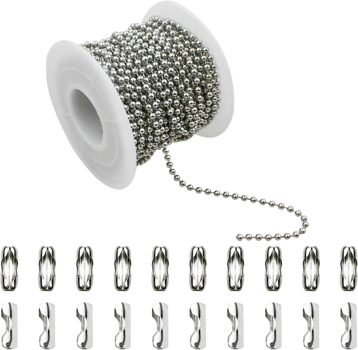 32.8 Feet Stainless Steel Ball Beaded Chain Necklace Chains for Making Jewelry with 20 Pieces Matching Connectors Silver Color Metal Pull Chain Roll Spool Ball for Dog Tag DIY (2.4Mm in Diameter)