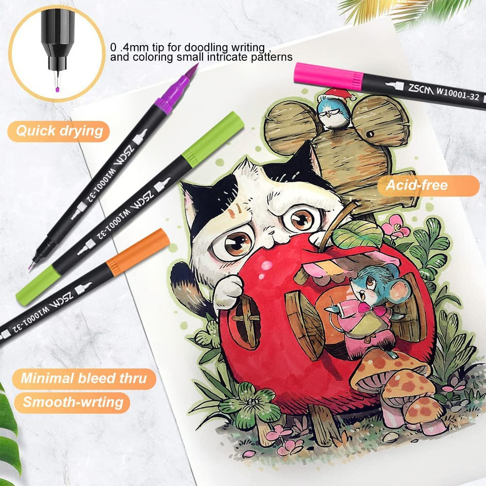 ZSCM 32 Colors Duo Tip Brush Markers Art Pen Set, Artist Fine and Brush Tip Colored Pens, for Adult Coloring Books Christmas Cards Drawing, Note Taking Lettering Calligraphy Journaling
