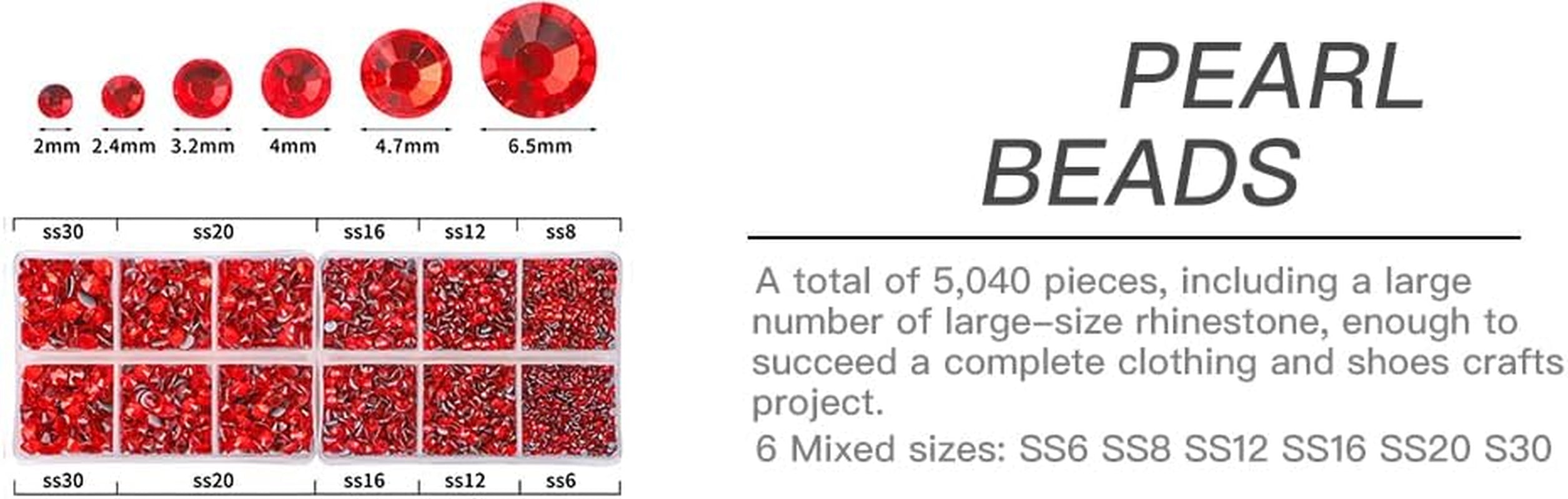 5040Pcs Red Flatback Rhinestones for Crafting, Crystal round Gems for Nail Art DIY Crafts Clothes Bags, 6 Mixed Size Hotfix Rhinestones with Tweezers and Picking Rhinestones Pen