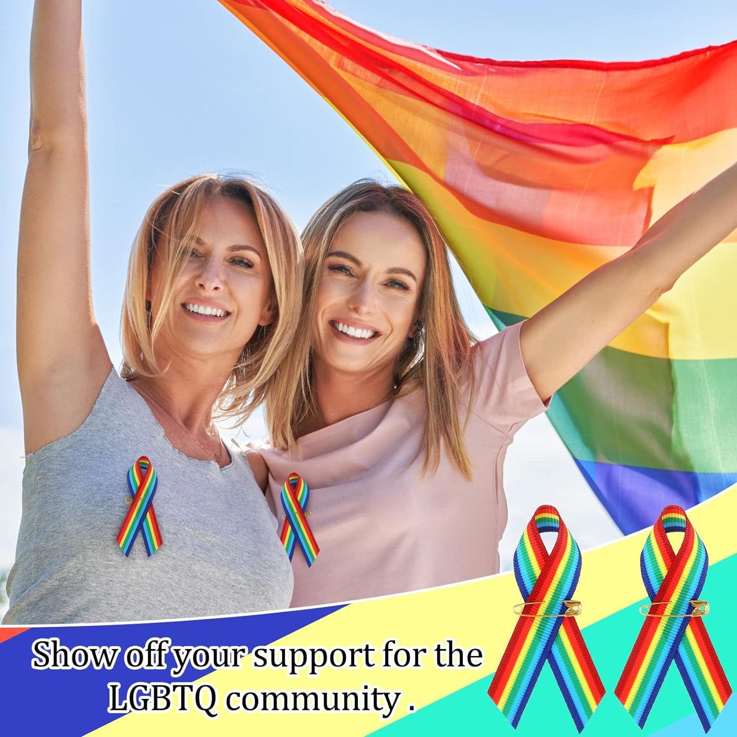 Ribbon Rainbow Pins Gay Pride Ribbon with Safety Pins Bulk, Satin LGBTQ Pins for Pride Parades, Gay Pride Satin Pins for Women Men Clothes Bag Decoration, 6.3 X 0.5 Inch (250 Pieces)