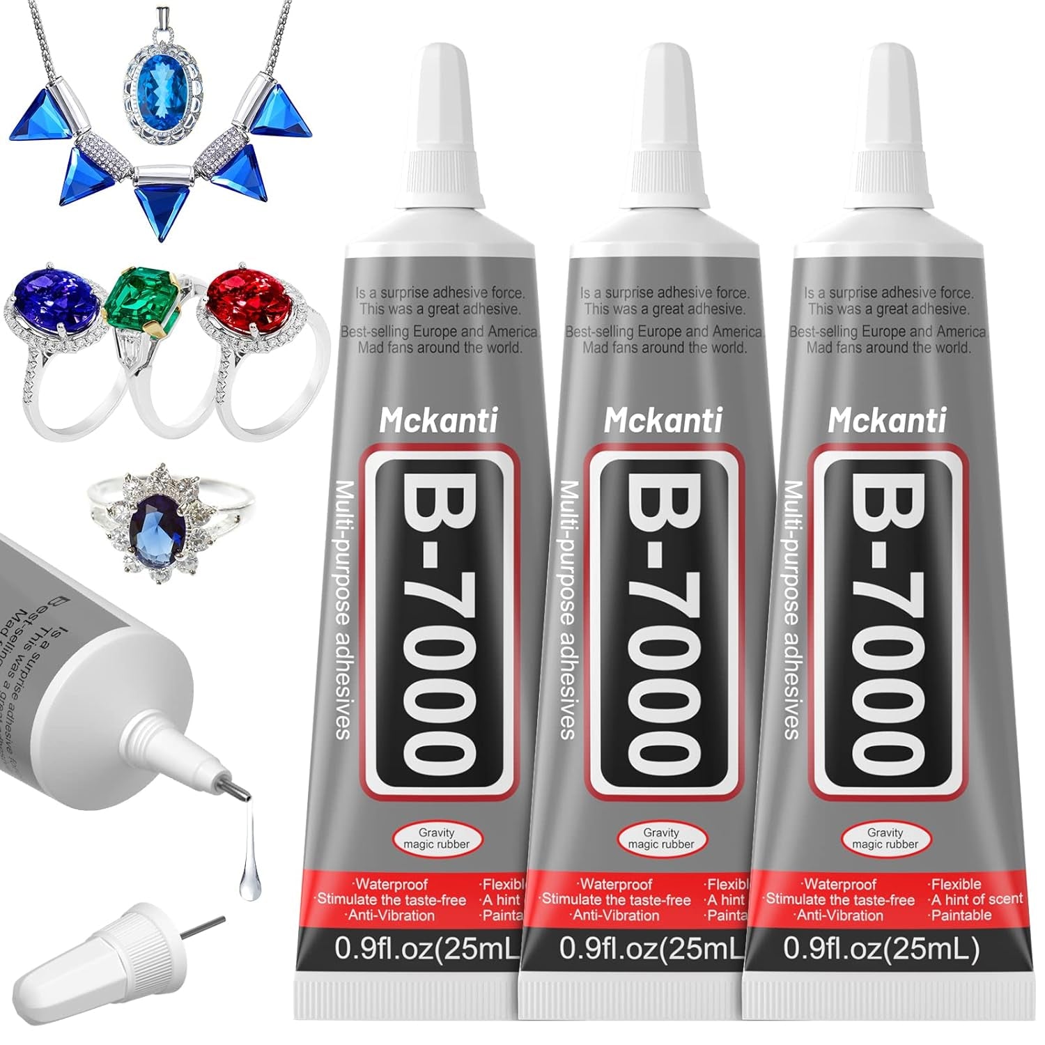 Upgrade B-7000 Jewelry Bead Glue for Crystal Rhinestone, Clear Fabric Glue 3Pcs 25Ml 0.9 Fl Oz Multipurpose Adhesive for Rhinestone Crafts Fabric Metal Stone Nail Art Wood Glass(75Ml / 2.7Oz in Total)