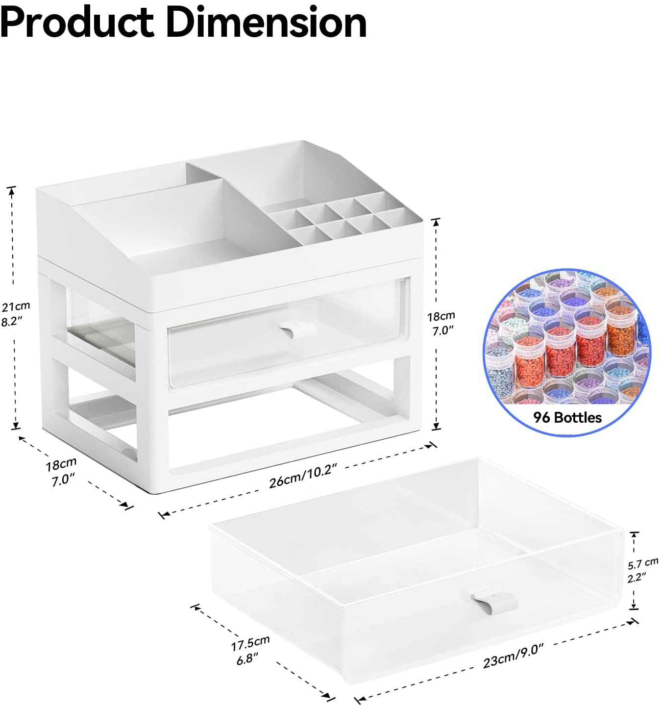 Storage Containers for Diamond Painting Accessories, 2 Drawers with 96 Slots Bead Storage Bottles and Diamond Art Accessories and Tools Rack