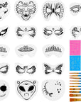 31 Pieces Face Stencils Kit, 17 Reusable Large Face Paint Stencils, 4 Small Stick Paint Stencils and 10 Pieces Painting Brushes for Kids Face Painting, Tattoo Stencils, Holiday Halloween Makeup