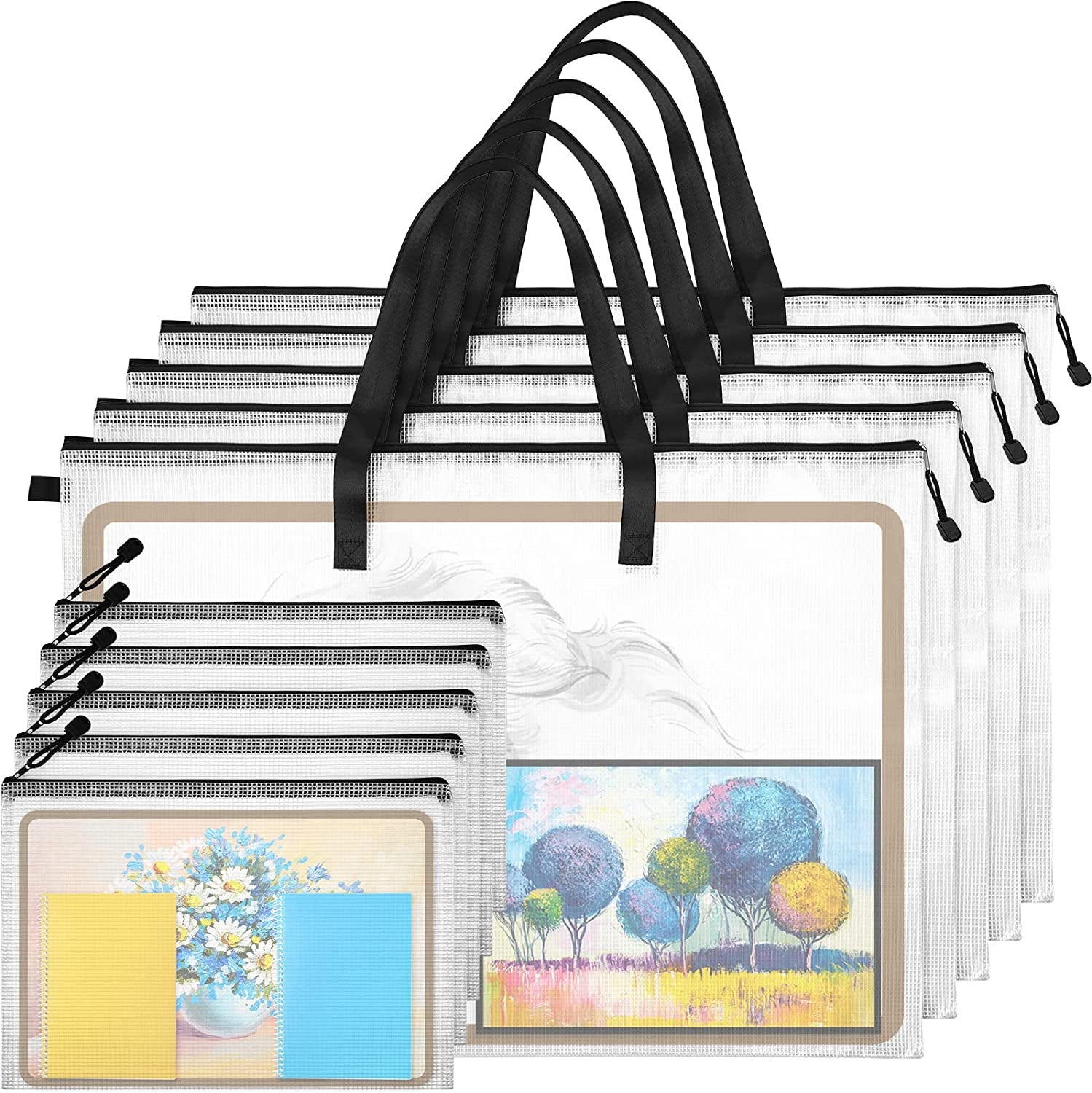 5 Pcs Art Portfolio Bag 19 X 25 Inches Posters Organizer with Zipper and Handle Art Supply Bag and 5 Pcs A4 Pencil Bags 9 X 13 Inches Art Supplies Storage Bag for Large Posters Artwork Bulletin Board