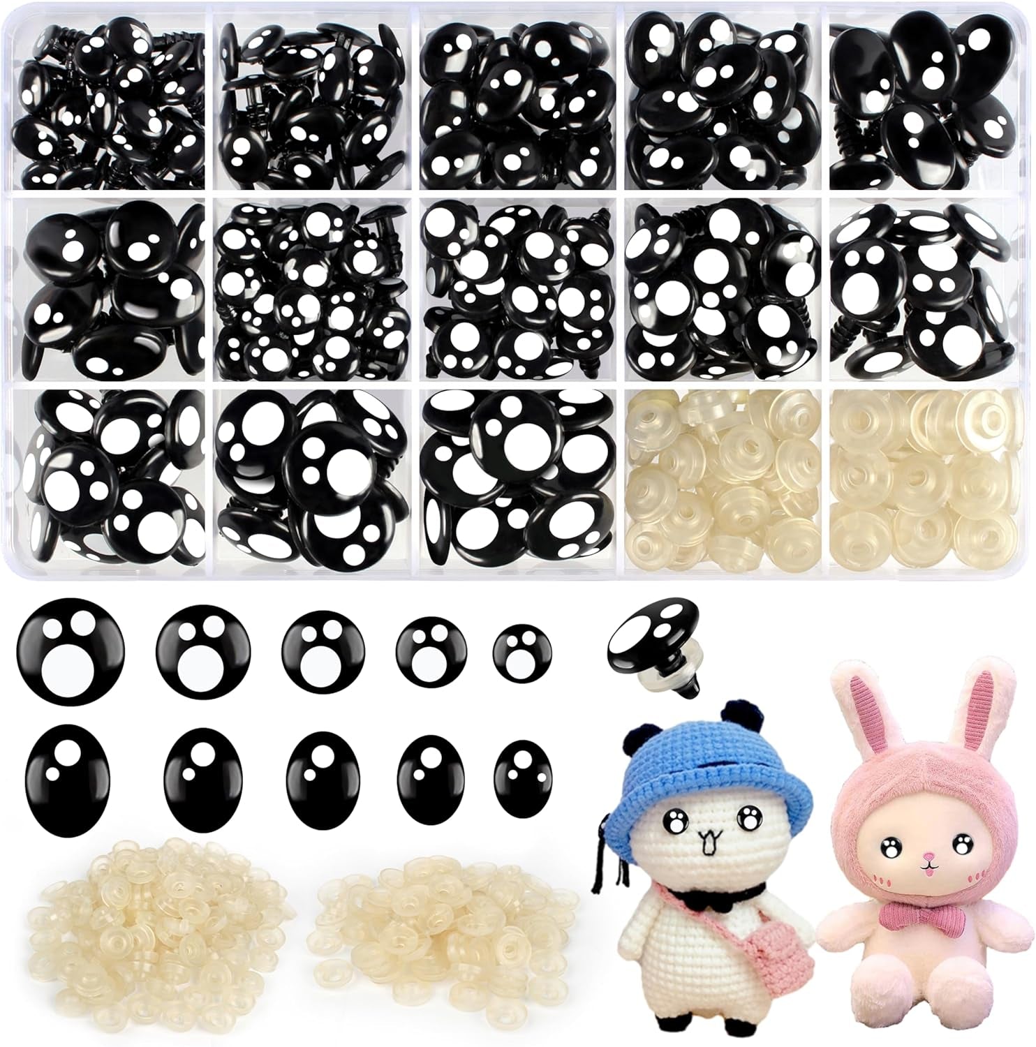 1200PCS Safety Eyes for Amigurumi, Stuffed Crochet Eyes with Washers 6Mm, 8Mm, 12Mm Plastic Crochet Safety Eyes Black Safety Eyes for Crochet Stuffed Animal Eyes for Craft Teddy Bear 6