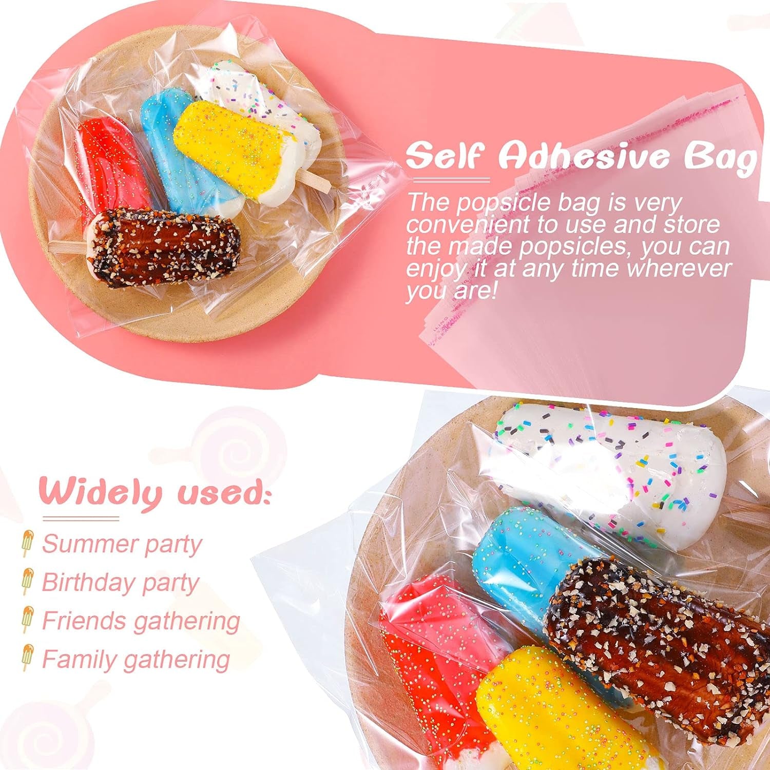 300 Pcs Ice Lolly Sticks and Bags Set, Clear Ice Lolly Plastic Bags Ice Lolly Self-Adhesive Plastic Bags and Ice Lolly Sticks, 4.49 Inch, 8.27 X 3.15 Inch