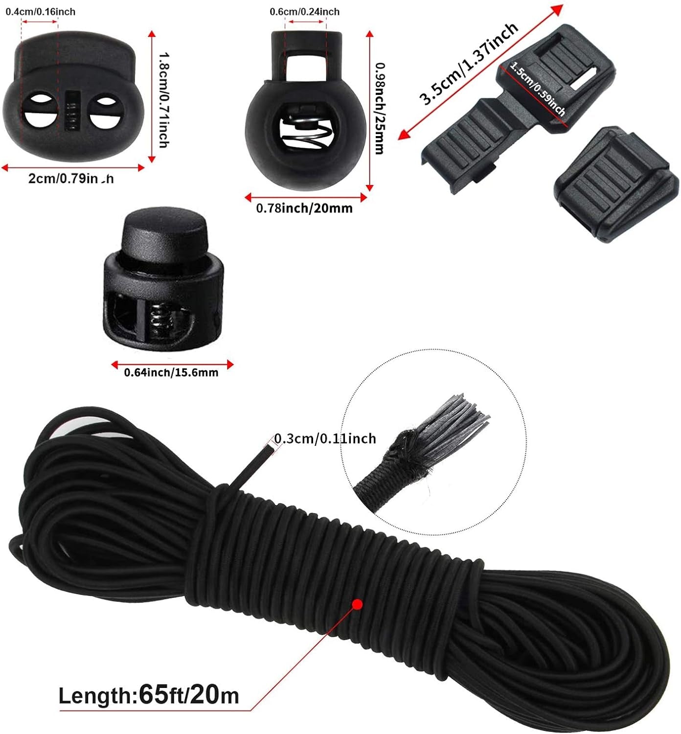 UD 40Pcs Plastic Cord Locks with 18-Inch 65Ft Elastic Cord Stretch String for Drawstring, Shoelaces, Clothing, Backpack, Bags (Black)
