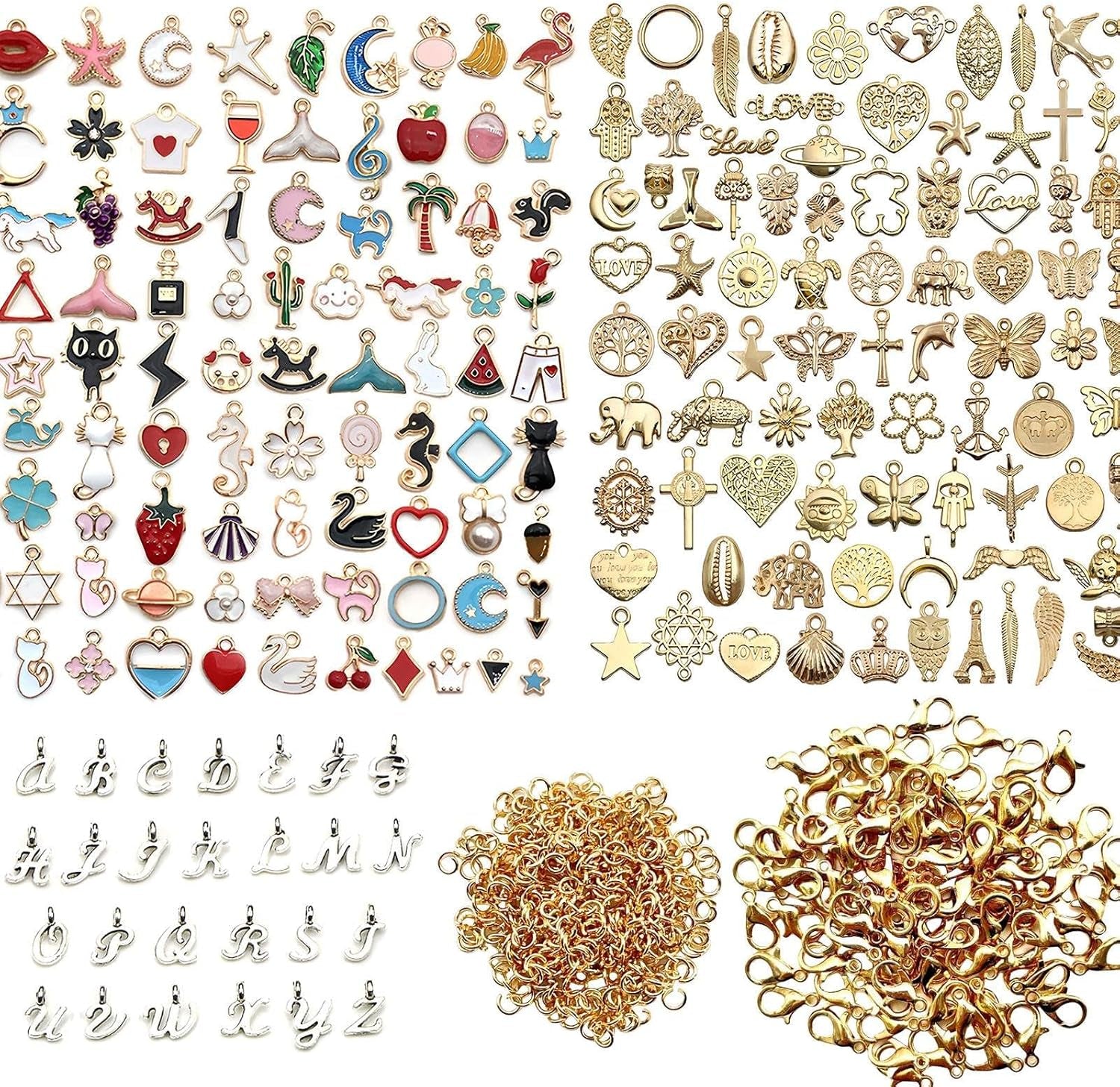 200Pcs Mixed Gold Plated Enamel Charms for Jewelry Making - Also Includes 52Pcs Letter Pendants, 400Pcs Jump Rings and 100Pcs Lobster Clasps for Necklaces,Bracelets,Earrings,Diy Crafting