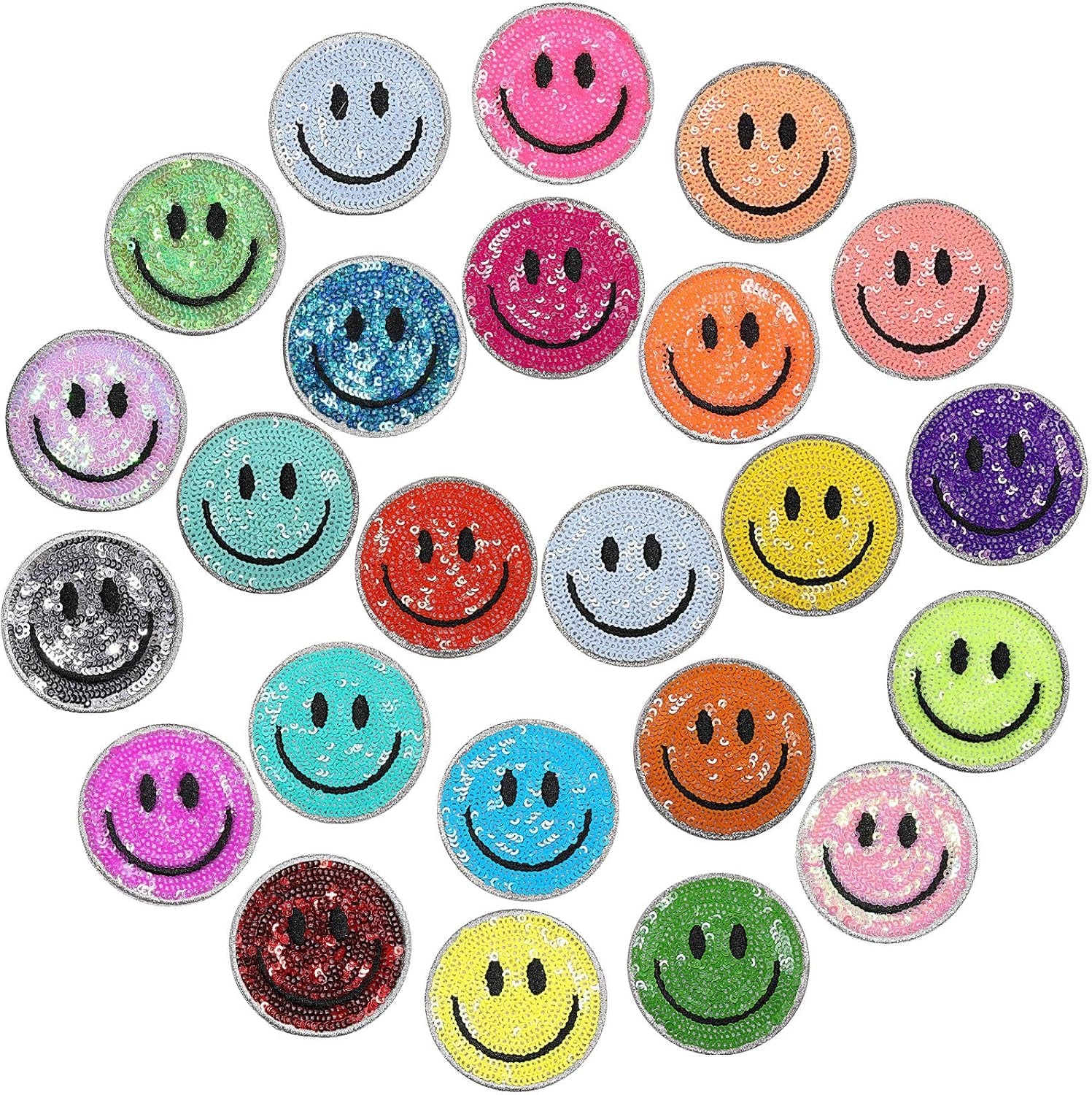 24 Pcs Smile Face Patch Iron on Patches 2 Inch Chenille Cute Preppy Happy Face Patches Glitter Heat Sequins Applique for Backpacks Hats Clothes Jackets Decorative DIY Craft(Sequin Style)