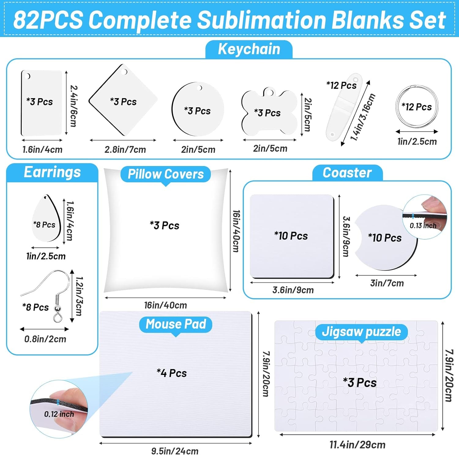 82 PCS Sublimation Blanks Products Set,  Christmas Craft Sublimation Starter Kit with 20 Car Coasters, 12 Keychains, 8 Earrings, 4 Mouse Pads, 3 Pillow Covers, 3 Puzzles
