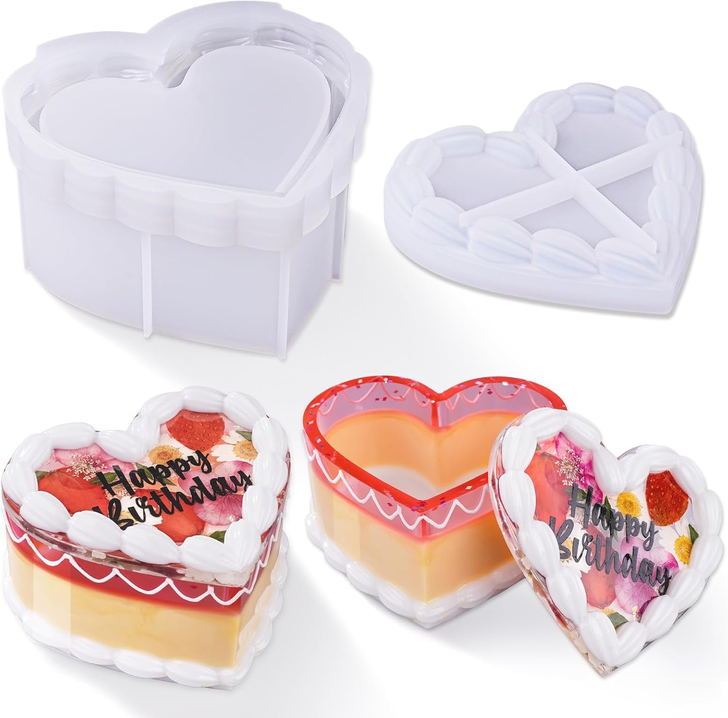 Cake Shaped Box Resin Molds, Vintage Heart Resin Jar Mold with Lid, Fake Cake Epoxy Resin Molds for DIY Jewelry Box, Decor Prop,Candy Jar