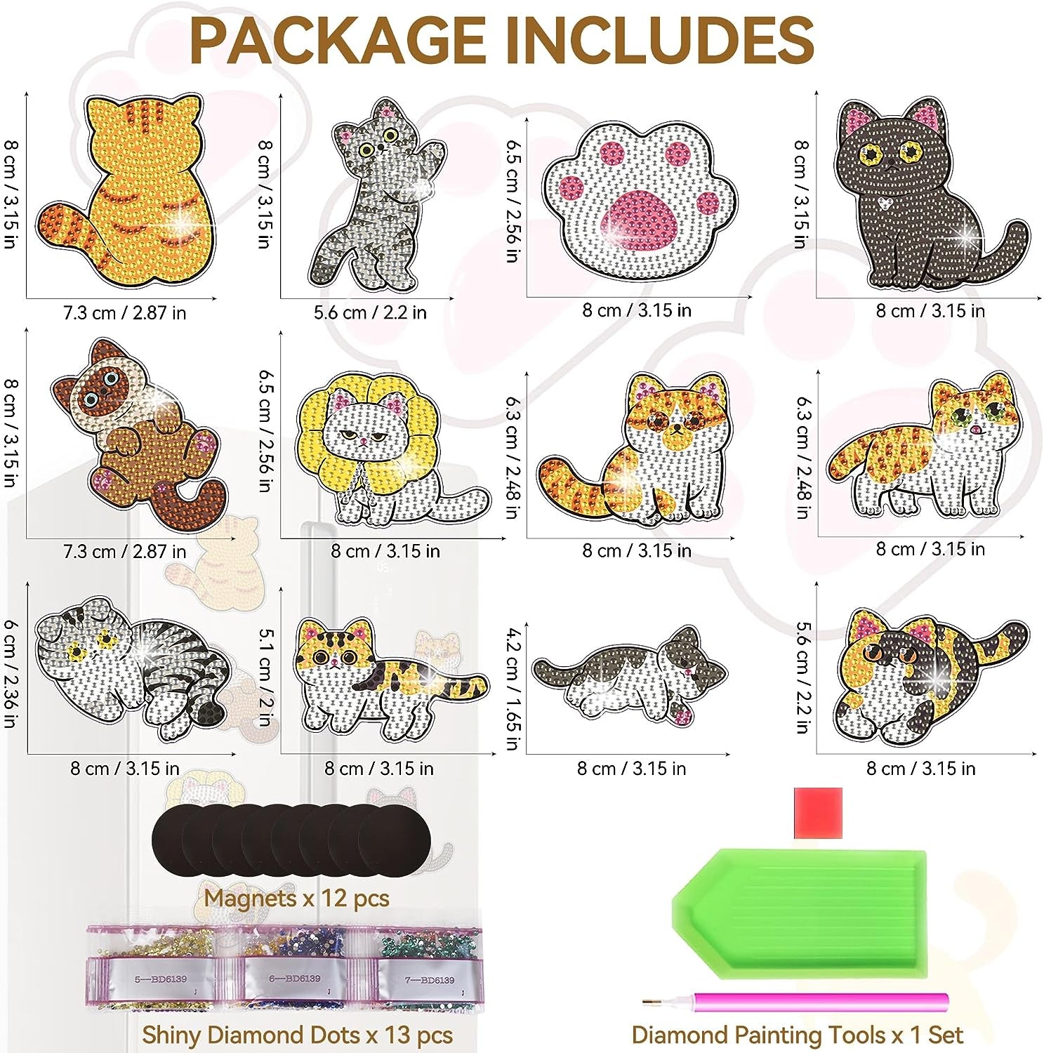 12 PCS Diamond Painting Refrigerator Magnets, Cat Diamond Painting Kits for Adults, Diamond Art Kits for Home Decor, Small Diamond Art Crafts