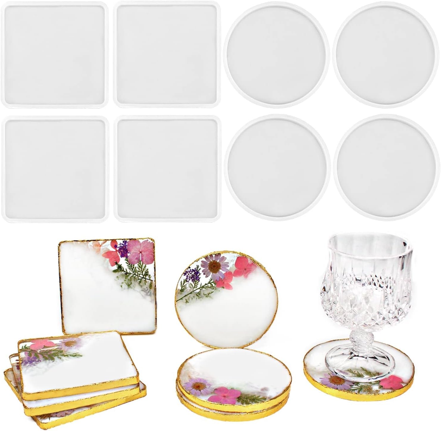 8 Pack Thick 4 Inches Resin Coaster Molds Set, 4 Pack round Coaster Silicone Molds + 4 Pack Square Coaster Resin Mold, Coaster Molds for Resin Casting