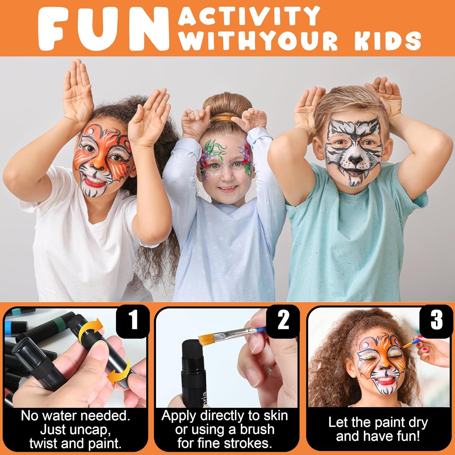 Face Painting Kit for Kids 32 Colors Metallic, Neon, Classic + Makeup Brush, Skin Safe, Washable and Professional Body Paint Sticks Crayon Set, Birthday Gift for Kids, Halloween Costume