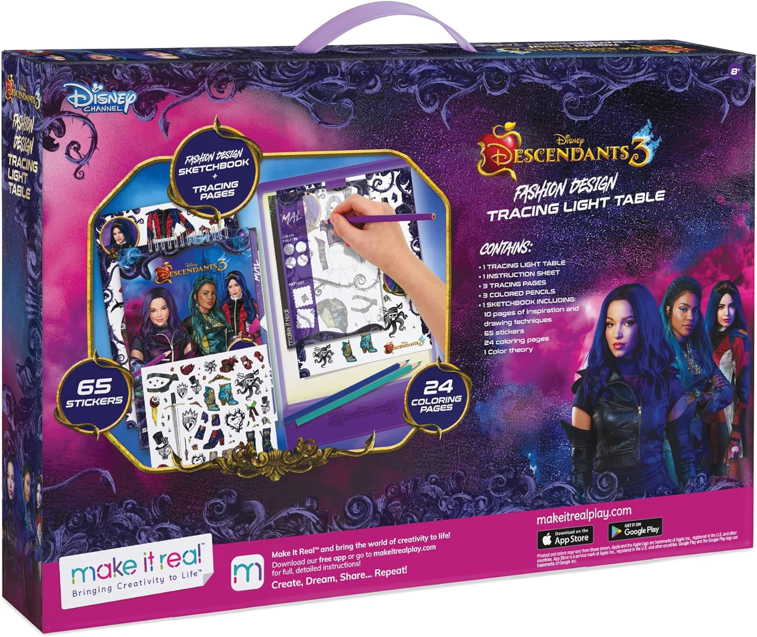 Disney Descendants 3 Fashion Design Tracing Light Table for Girls - 9-Piece Set with Sketchbook, Stickers, Tracing Pages, Light-Up Table - Creative Drawing Kit, Perfect Gift for Ages 8+