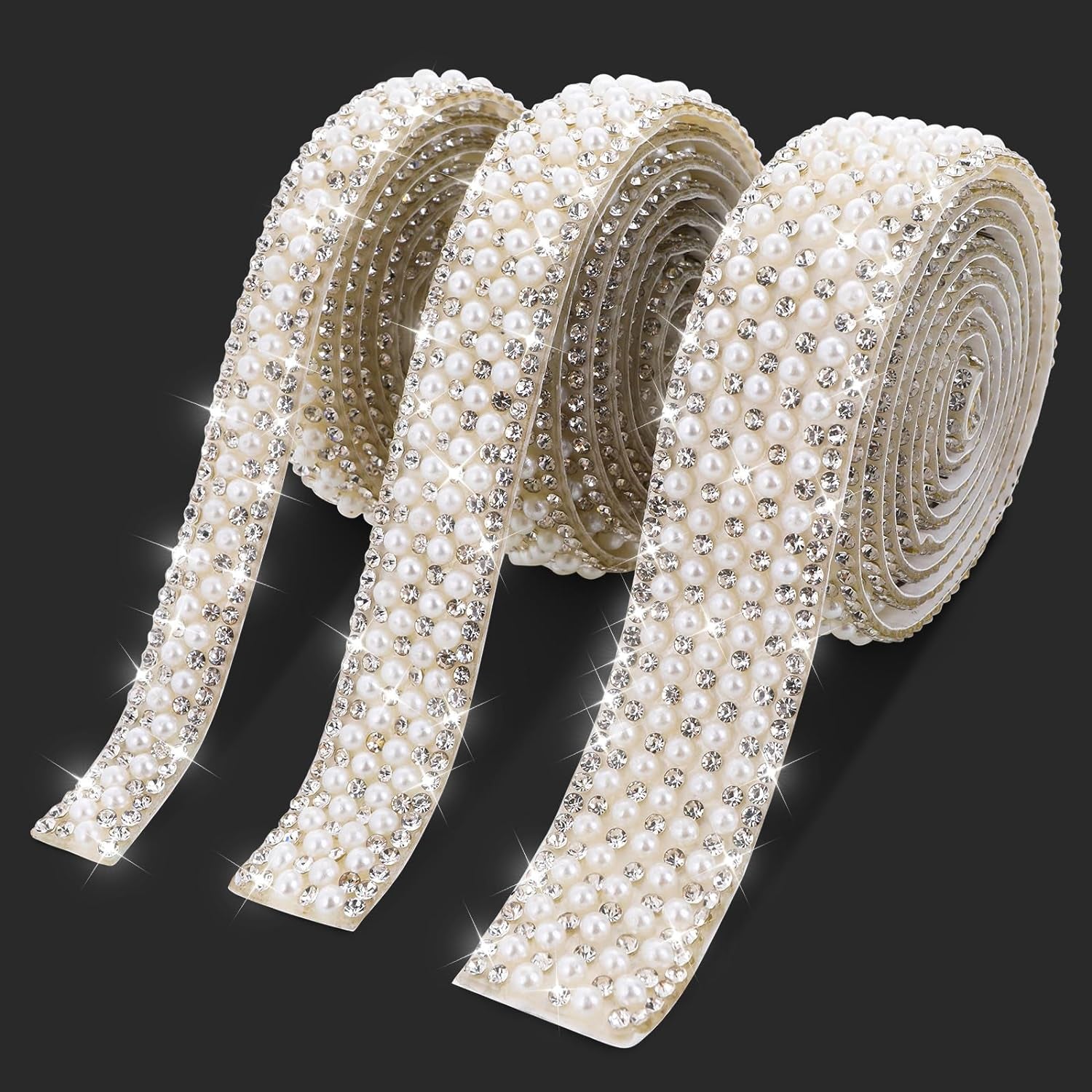 3 Rolls Pearl Ribbon Self Adhesive Pearl Rhinestone Ribbon Pearl Stickers Crystal Pearl Strips Rhinestone Strips Pearl Trim for Crafts DIY Wedding Birthday Party Phone Shoes Decoration