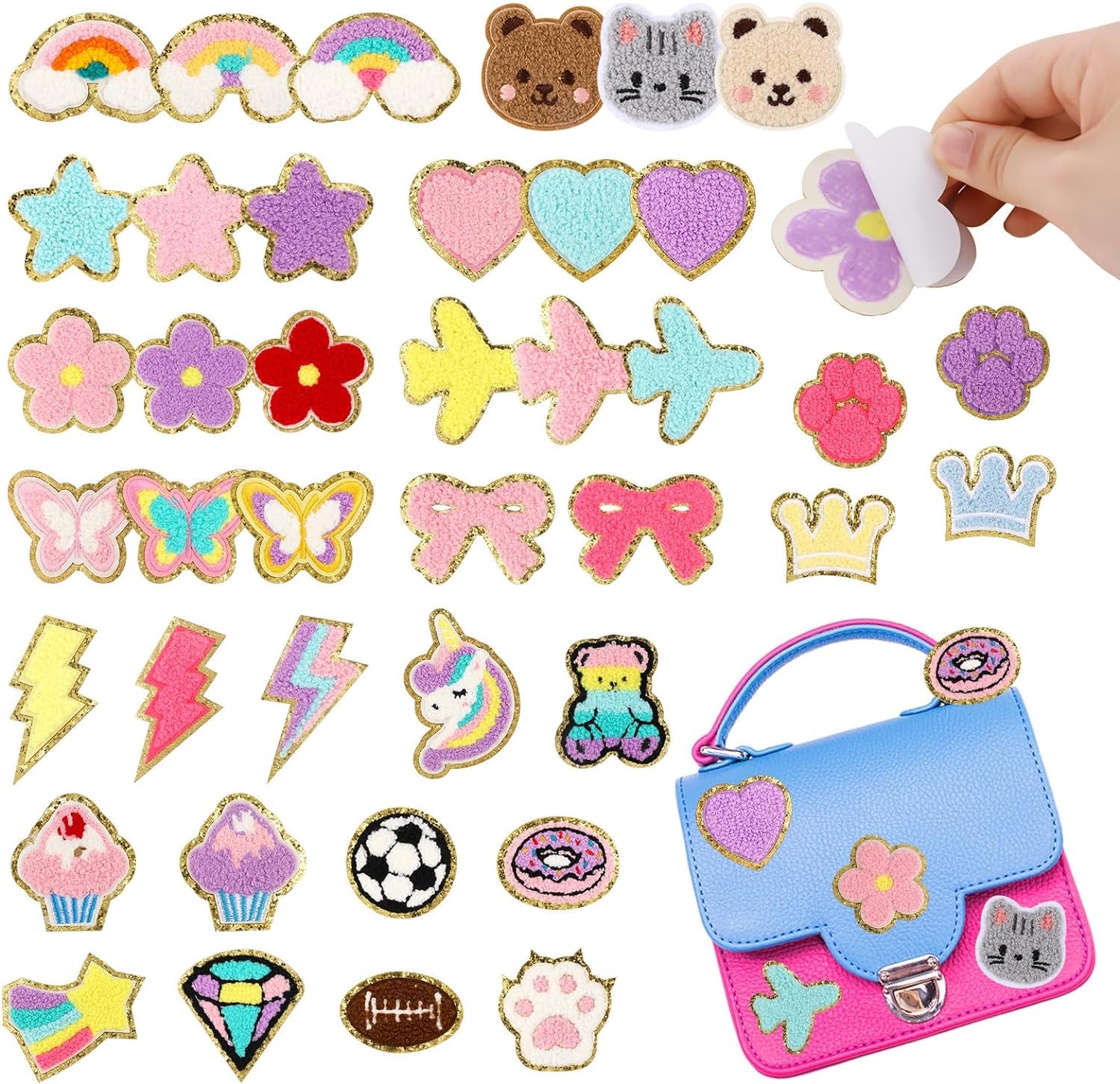 40 Pcs Chenille Embroidered Patches, Self Adhesive Glitter Patches Flowers Stars Hearts Rainbows Butterflies Cat Paws Diamonds Lightning Fabric Stickers for Clothes Repair Decor Accessories