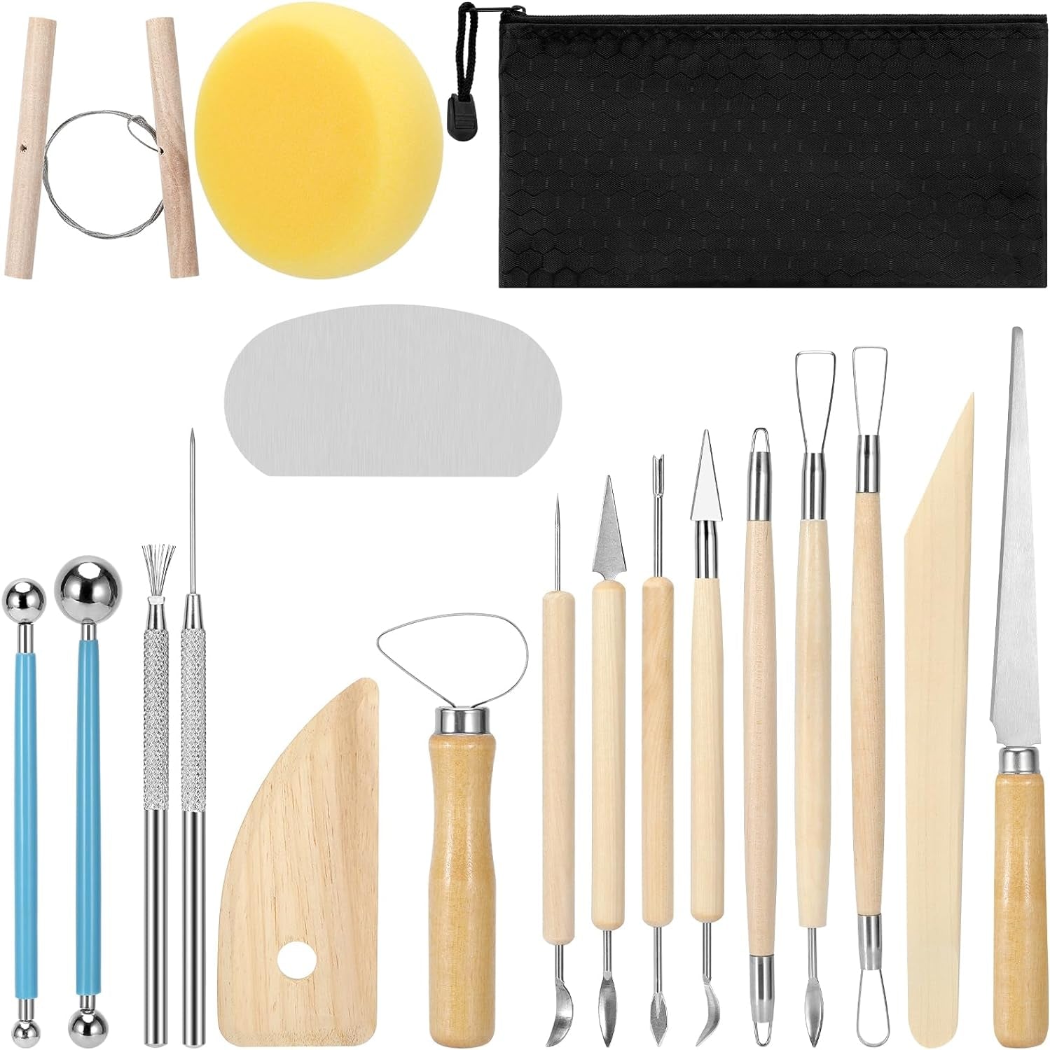 18PCS Clay Sculpting Tools, Basic Clay Pottery Carving Tool Kit with Wooden Handles and Tool Bag