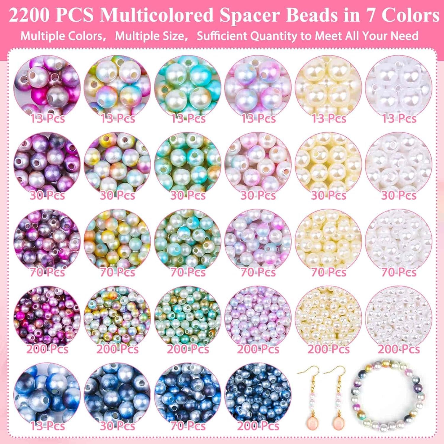 2200PCS Pearl Beads, 4/6/8/10Mm Multicolor Pearl Beads Loose Pearls for Crafts with Holes for Jewelry Making, Small Pearl Filler Beads for Crafting Bracelet Necklace Earrings