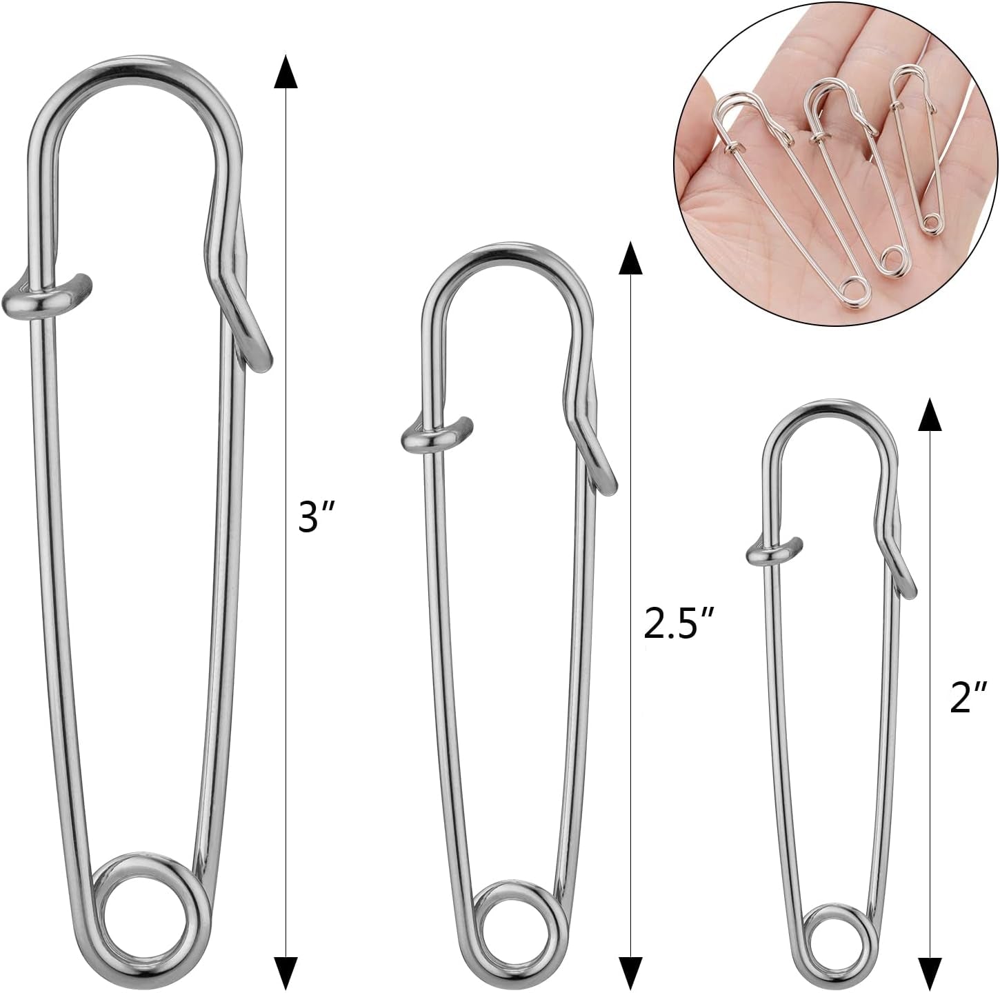 Large Safety Pins Pack of 40, Safety Pins Heavy Duty Assorted (2", 2.5", 3"), Blanket Pins Safety Pin Extra Sturdy Bulk Pins for Blankets, Skirts, Crafts, Kilts