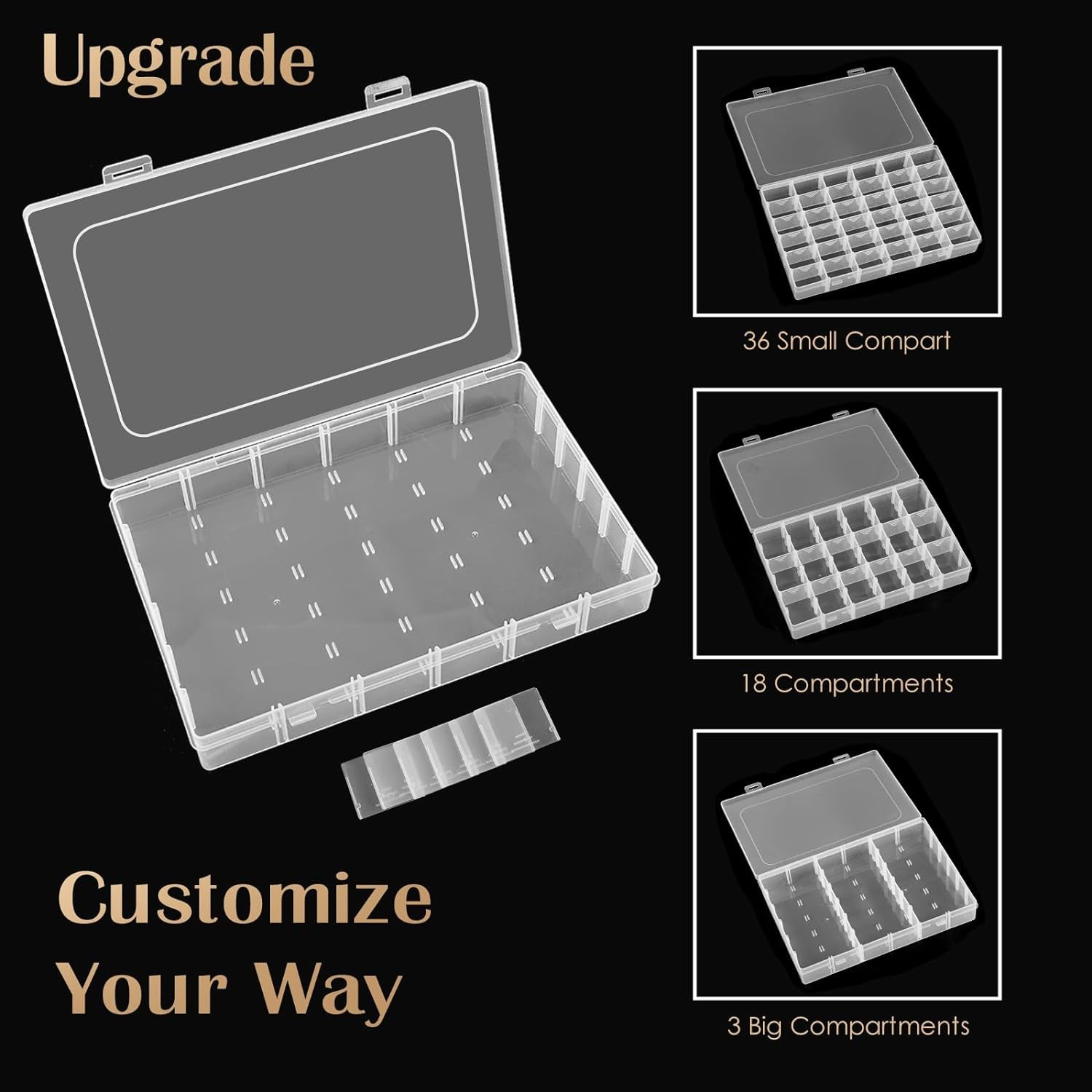 5 Pack 36 Grids Clear Plastic Organizer Storage Box Container, Craft Storage with Adjustable Dividers for Beads, Art DIY, Crafts, Jewelry, Fishing Tackle with Label Stickers