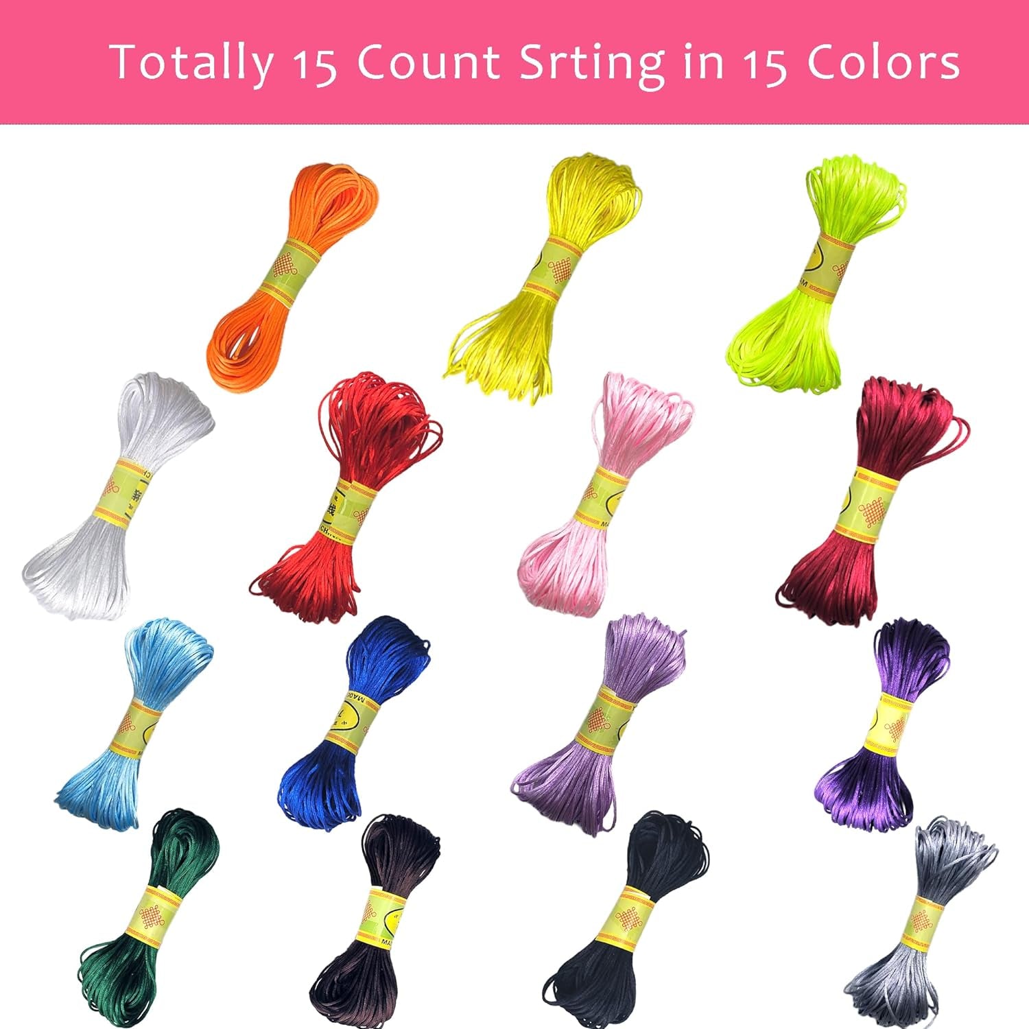 327 Yards (981 Feet) Nylon String for Bracelets, 15 Colors Chinese Knotting Cord, 1.5 Mm Nylon Cord for Jewelry Making, Beading, Necklaces, Friendship Bracelets, Tassels and Craft