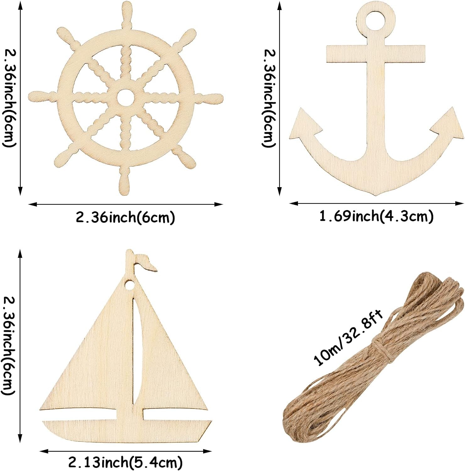 Wooden Anchor for Crafts Unfinished Sailboat Wheel Cutouts Nautical Party Classroom Decor with Rope DIY Paint Crafts for Kid Hanging Ornaments for Cruise Bachelorette Party Home, 3 Styles(60 Pieces)