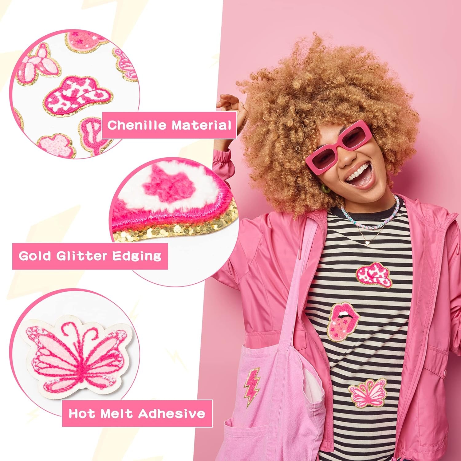 10Pcs Pink Preppy Iron on Patches for Girls Y2K Chenille Embroidered Repair Patch Hanging Lip Lightning Bolt Leopard Face DIY Accessories Sew on Applique for Backpack Clothes Hats Dress Jackets Jeans