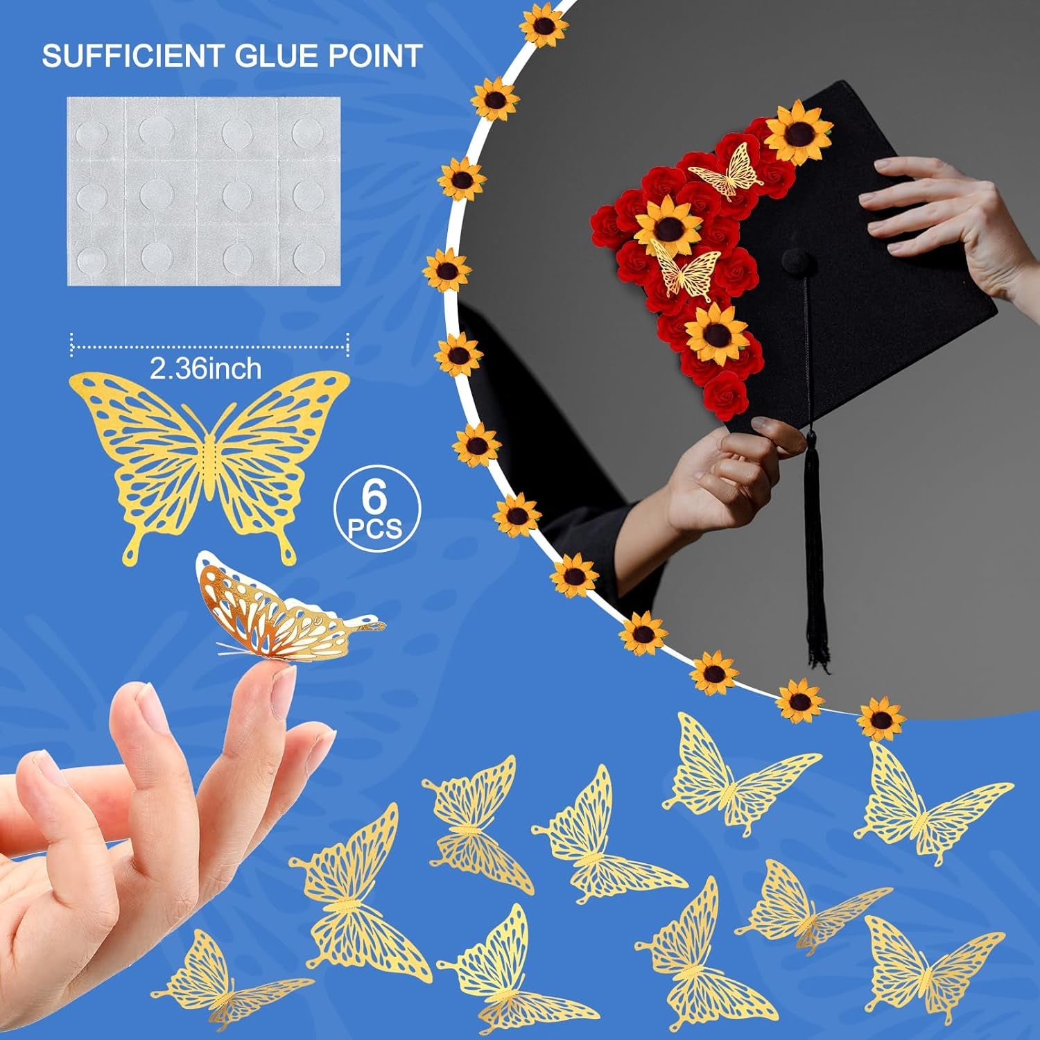 30 Pcs Stick Flat Back Roses Floral Stickers Adhesive Backed Roses Yellow Sunflower Heads 3D Butterfly Stickers for Graduation Cap Decoration Home Decor Craft Art Decor