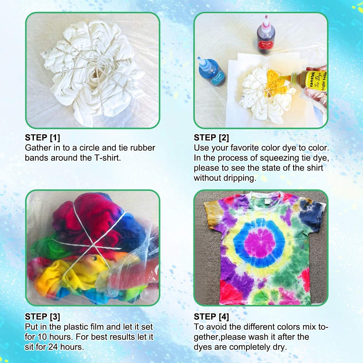 Tie Dye Kit, 24 Colors Tie Dye Shirt DIY Fabric Dye for Women, Kids, Men, with Rubber Bands, Gloves, Plastic Film and Table Covers for Family Friends Group Party Supplies