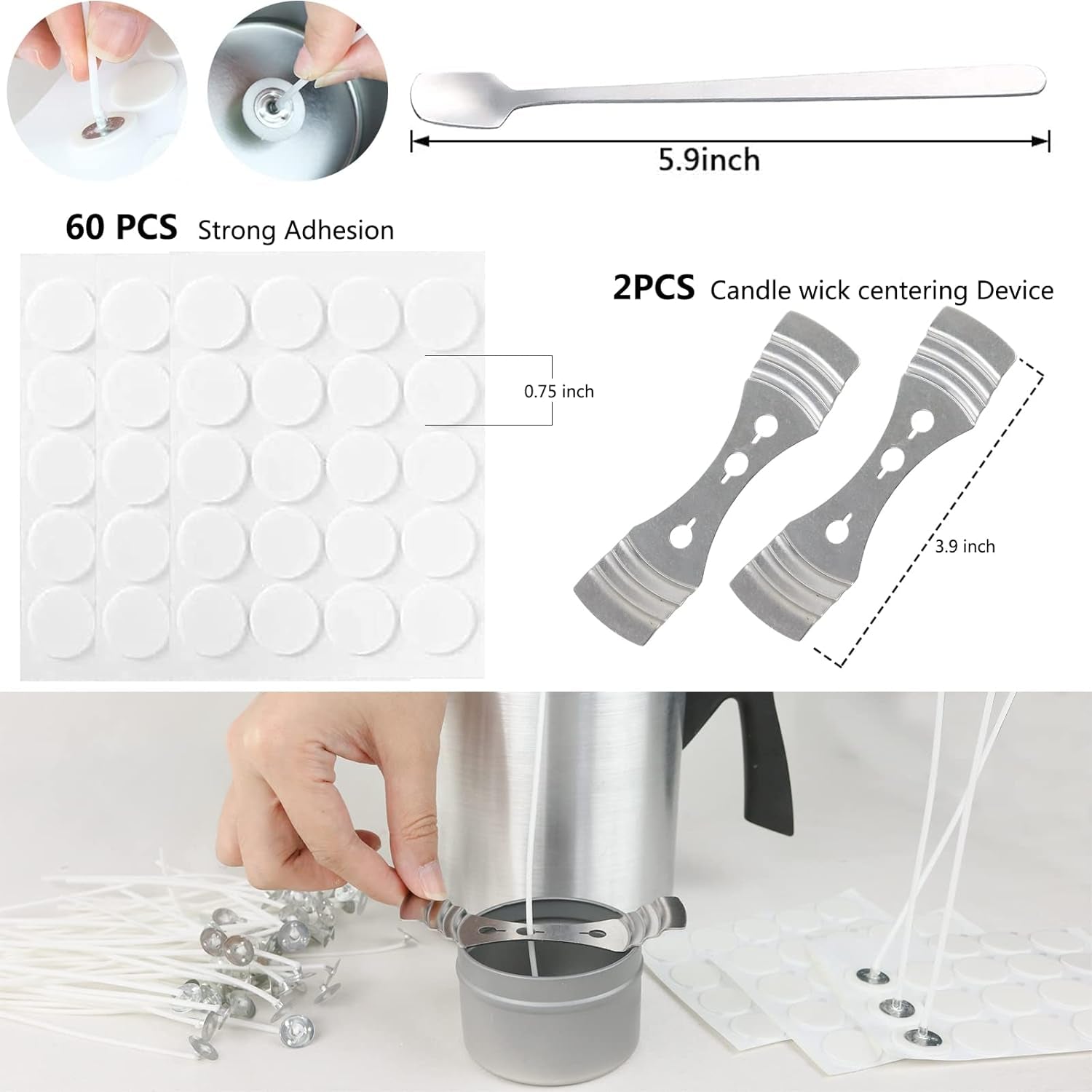 Candle Making Kit, 60Pcs Candle Wicks, 60Pcs Candle Wicks Sticker, 1Pc Candle Wax Pouring Pot, 2Pcs 3-Hole Wicks Centering Devices, 1Pc Mixing Spoon, DIY Candles Craft Tools