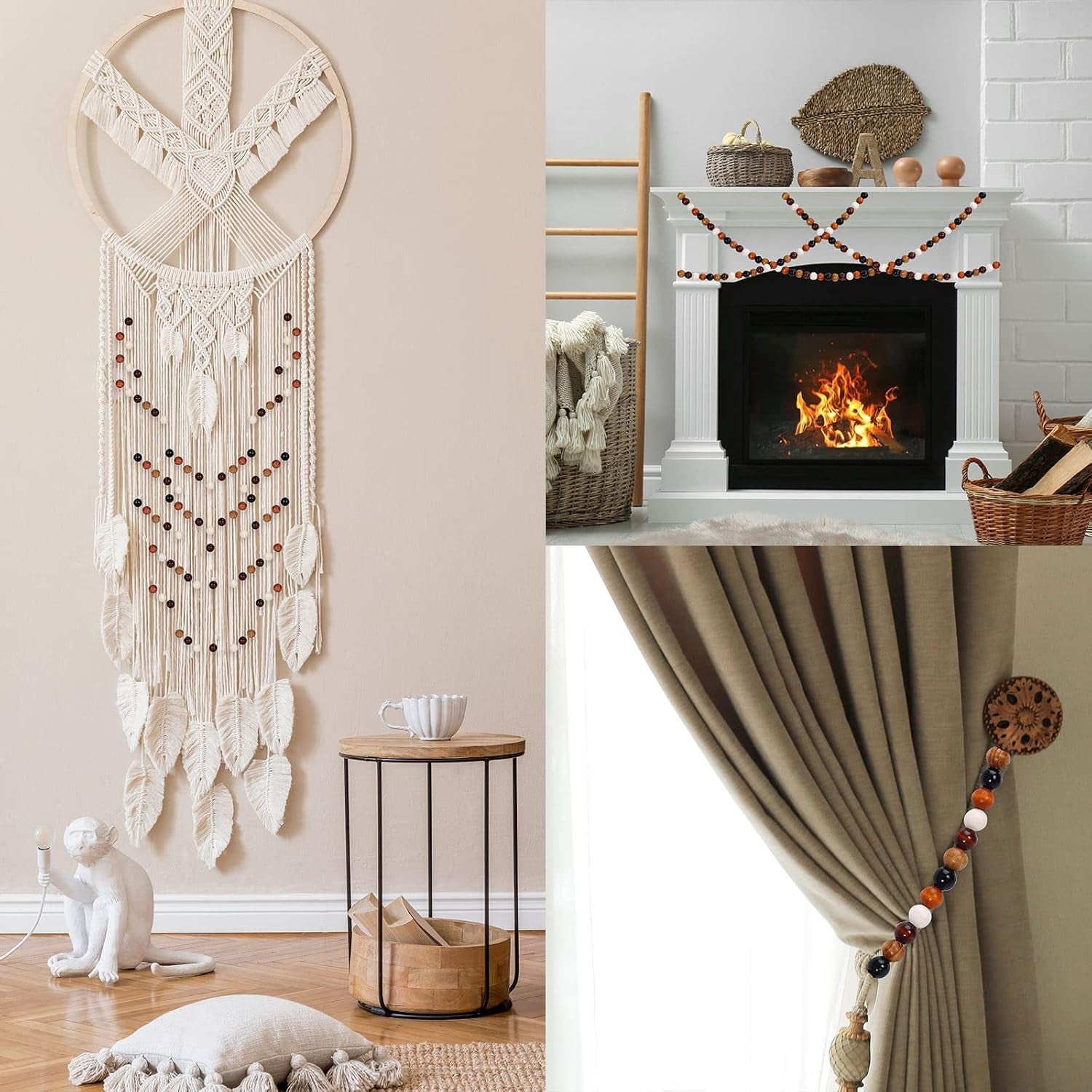 240Pcs Farmhouse Rustic Fall Wood Beads Natural round Wooden Beads Colorful Wood Beads with Hemp Rope Handmade Polished Boho Beads for Home Decor DIY Crafts Bracelet Necklace Making Supplies