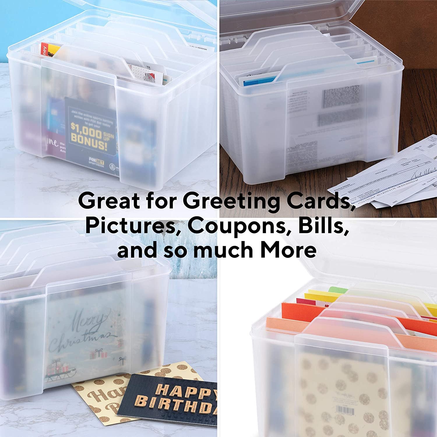 Greeting Card Organizer & Storage Box for Cards, 6 Adjustable Dividers, Plastic, Stackable, 10"L X 8.5"W X 7.5"H