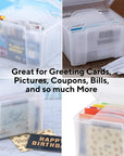 Greeting Card Organizer & Storage Box for Cards, 6 Adjustable Dividers, Plastic, Stackable, 10"L X 8.5"W X 7.5"H