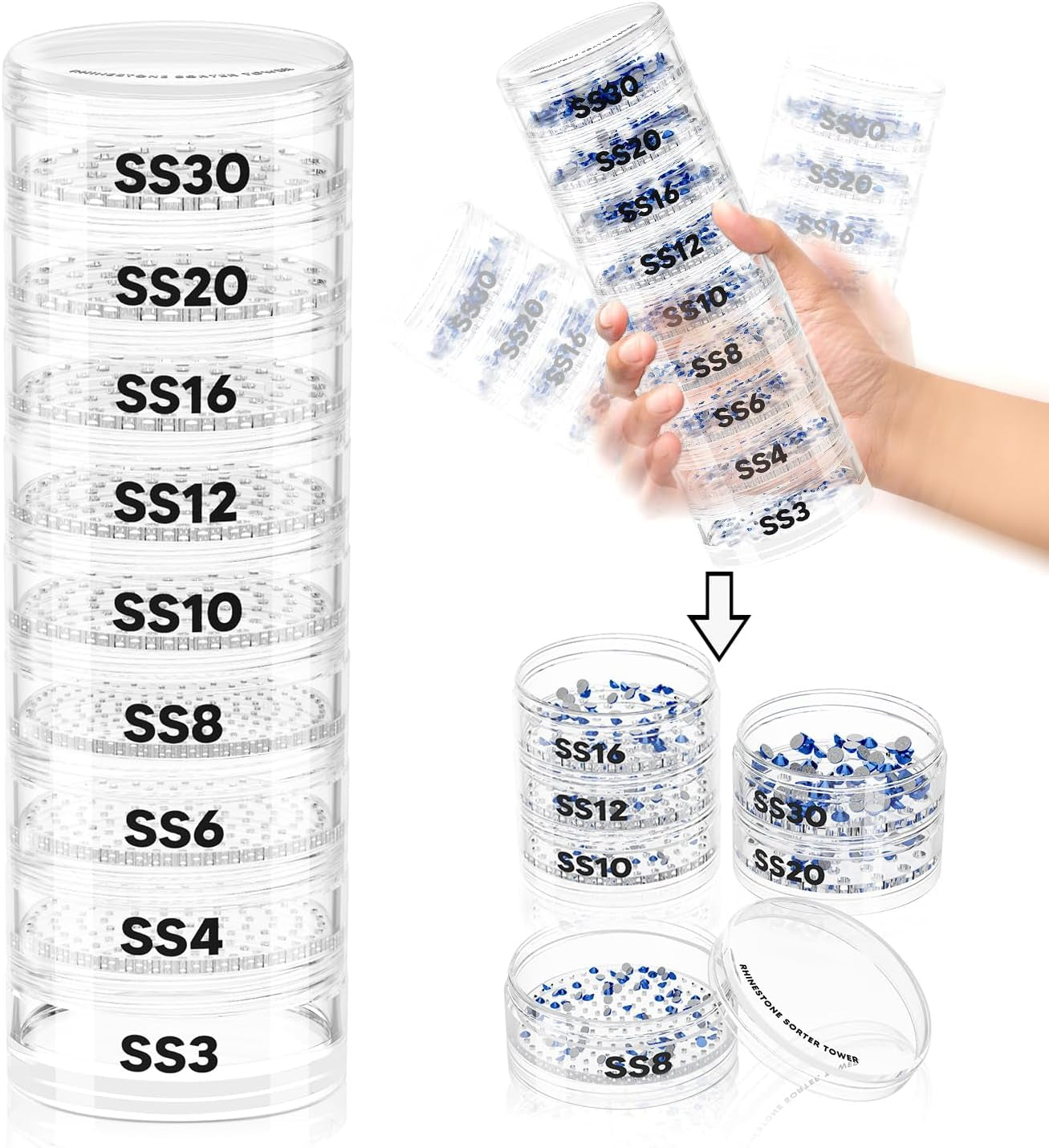 Rhinestone Sorter Tower, Rhinestone Sorter by Size for Crafts, Stackable Rhinestone Sorter Shaker Tower by Size, a Sorting System for Separating Rhinestones by Size from SS3 to SS30