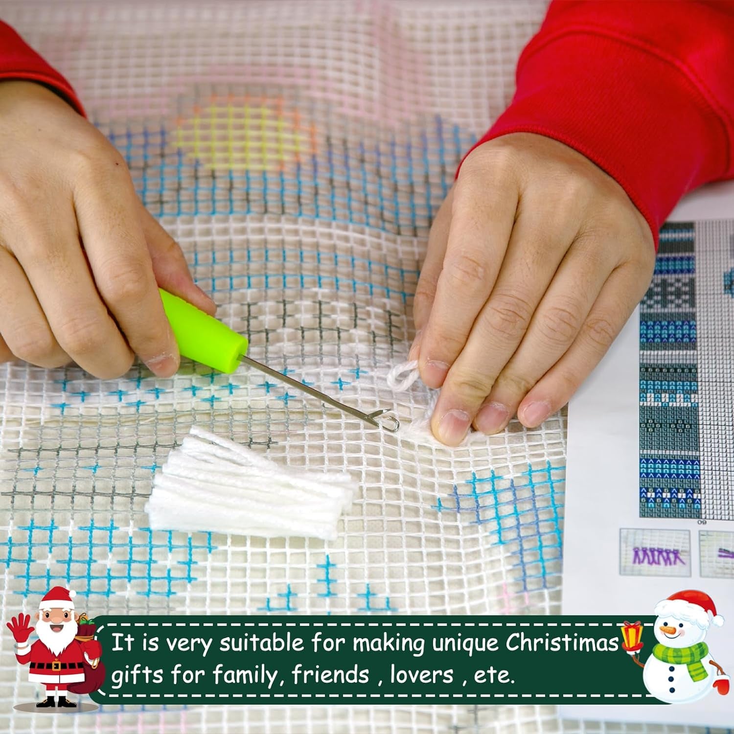 Latch Hook Kits for DIY Throw Pillow Cover,Needlework Cushion Cover Hand Craft Crochet for Great Family 17X17Inch Christmas Hat