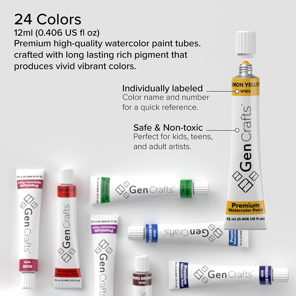 Watercolor Paint 24 Colors Set 12Ml/ 0.4Oz. - Quality Non Toxic Pigment Paints for Canvas, Fabric, Crafts, and More