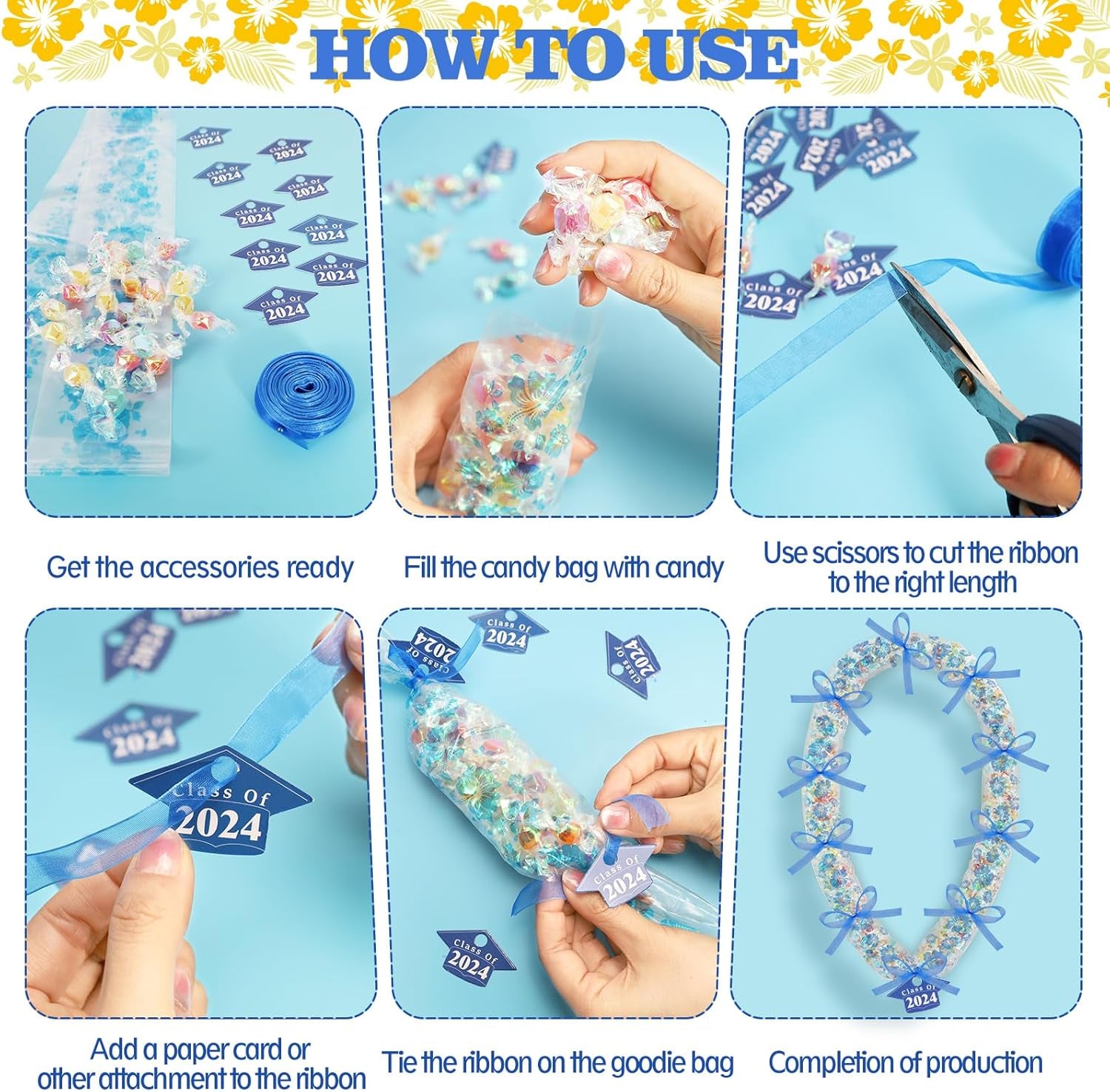 36 Set Graduation Candy Lei Making Kit,Class of 2024 Graduation Hawaiian Candy Lei Bags,Candy Lei Tubing Kit Gift Ribbon Present for Graduation Party Supplies
