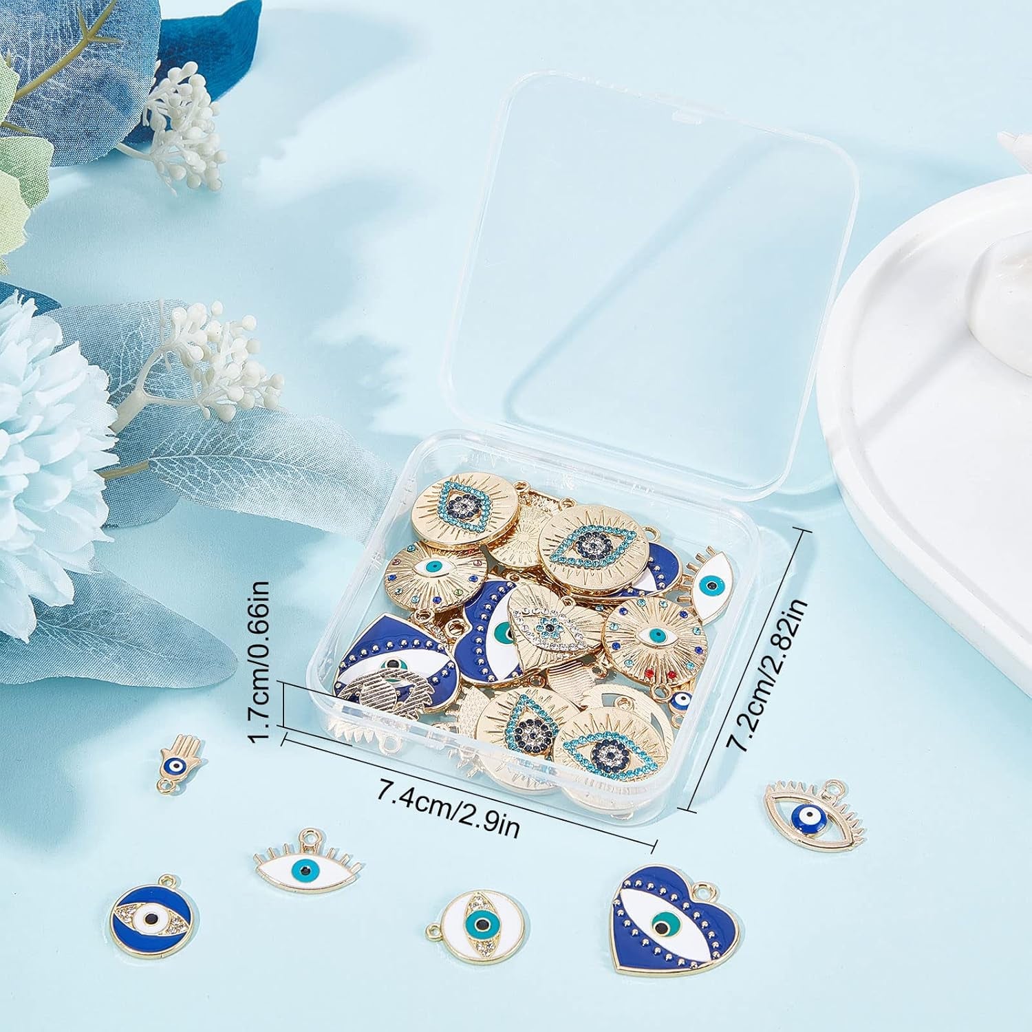 1 Box 40Pcs Evil Eye Charms Evil Eyes Charm Valentine&#39;S Day Heart Charm Flat round Rhinestone Hamsa Hand Lucky Charms Love Charms for Jewelry Making Charm Earrings Necklace DIY Supplies